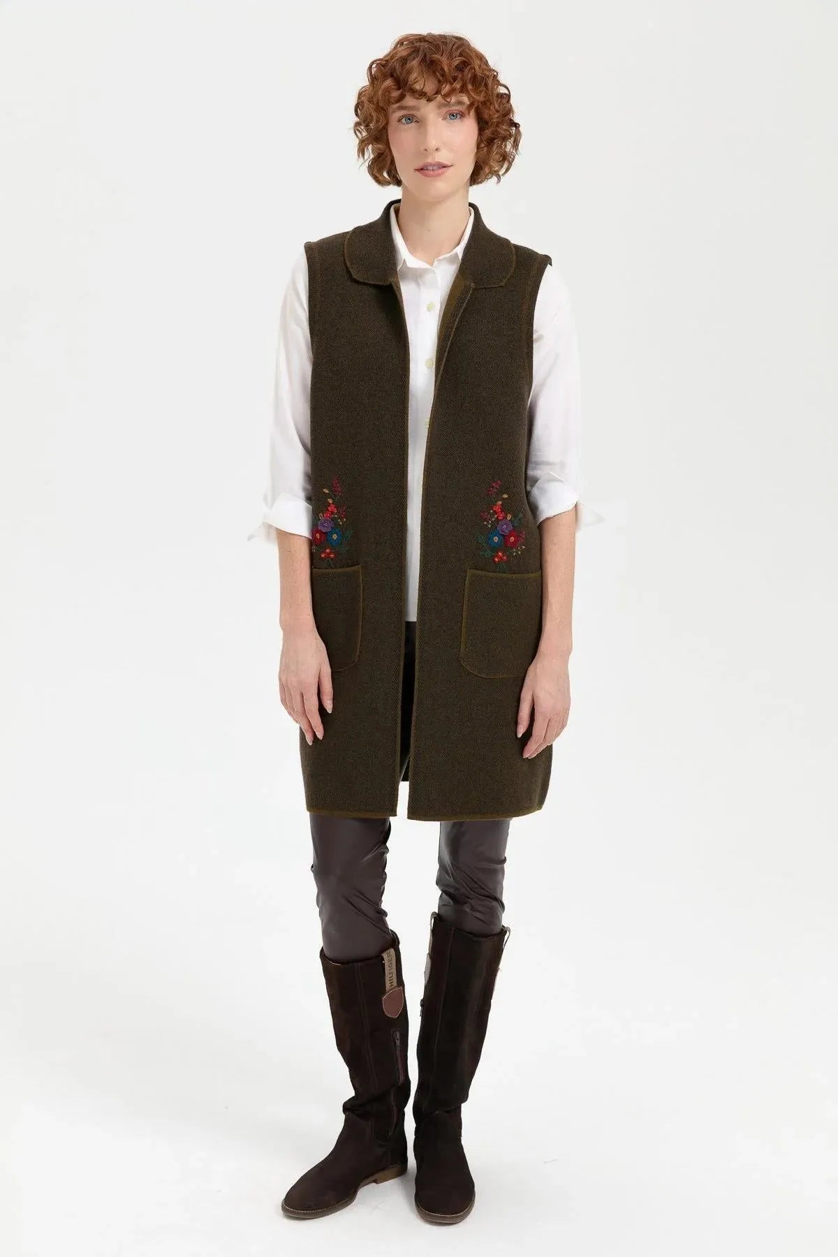 Women's Polo Collar Open Front Embroidered Long Wool Vest 