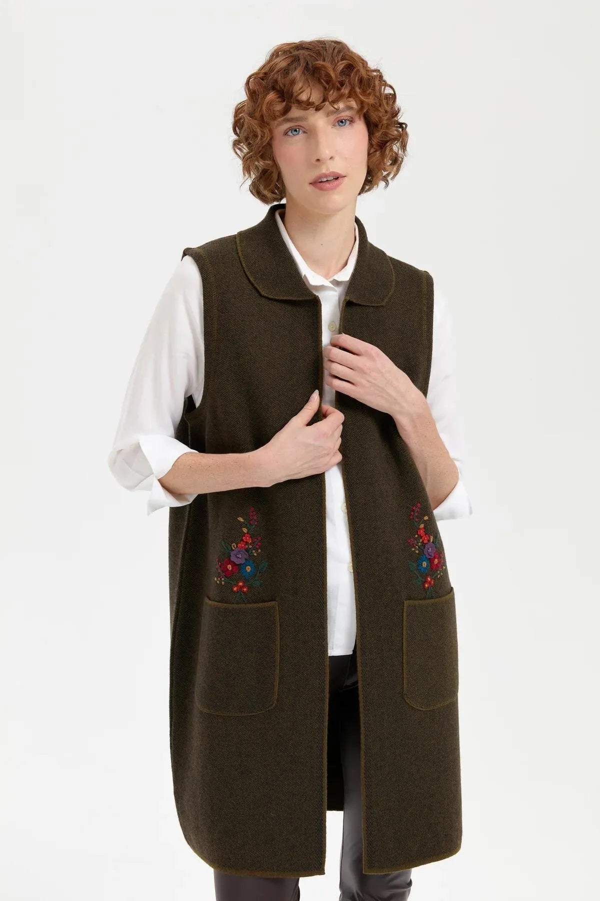 Women's Polo Collar Open Front Embroidered Long Wool Vest 