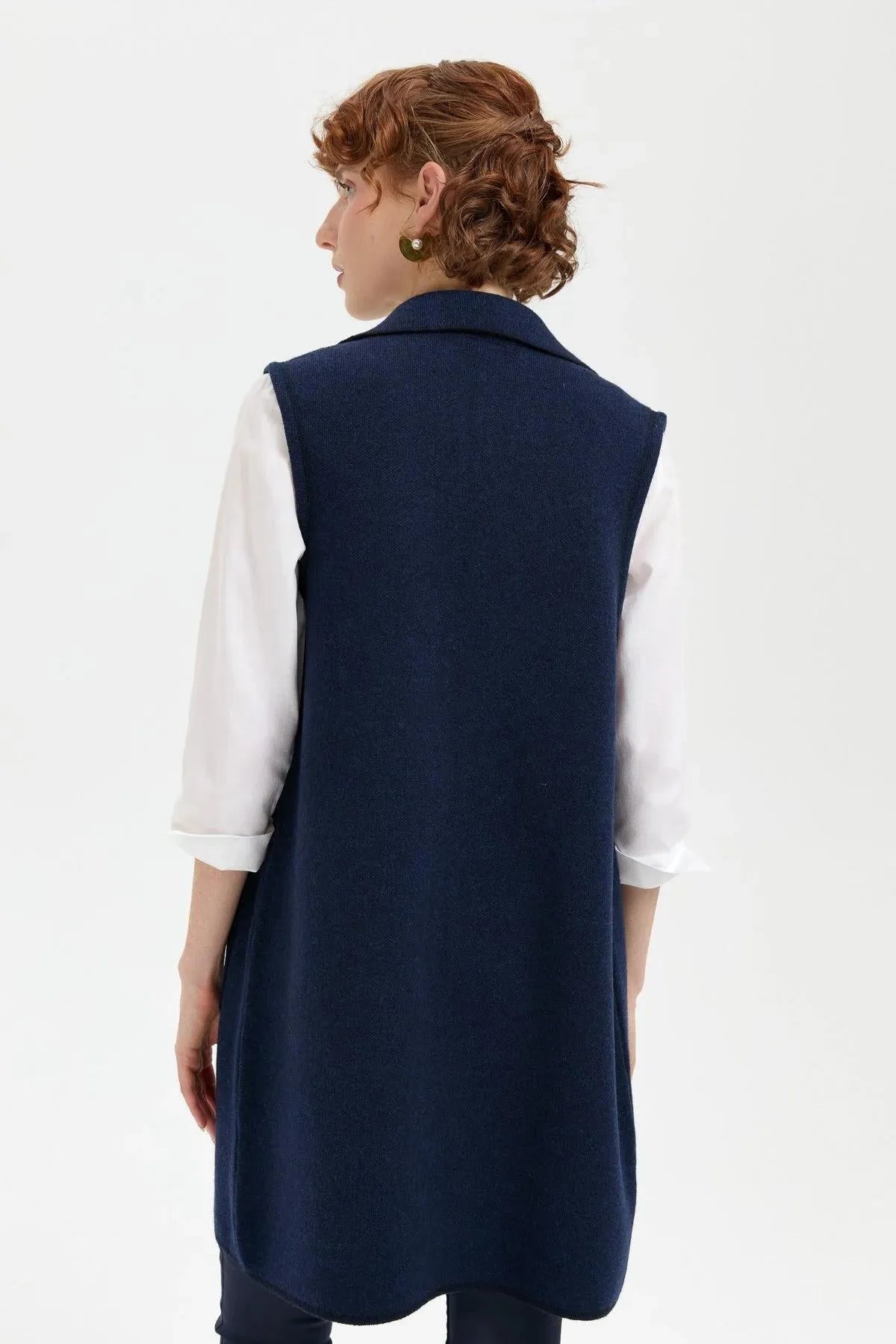 Women's Polo Collar Open Front Embroidered Long Wool Vest 