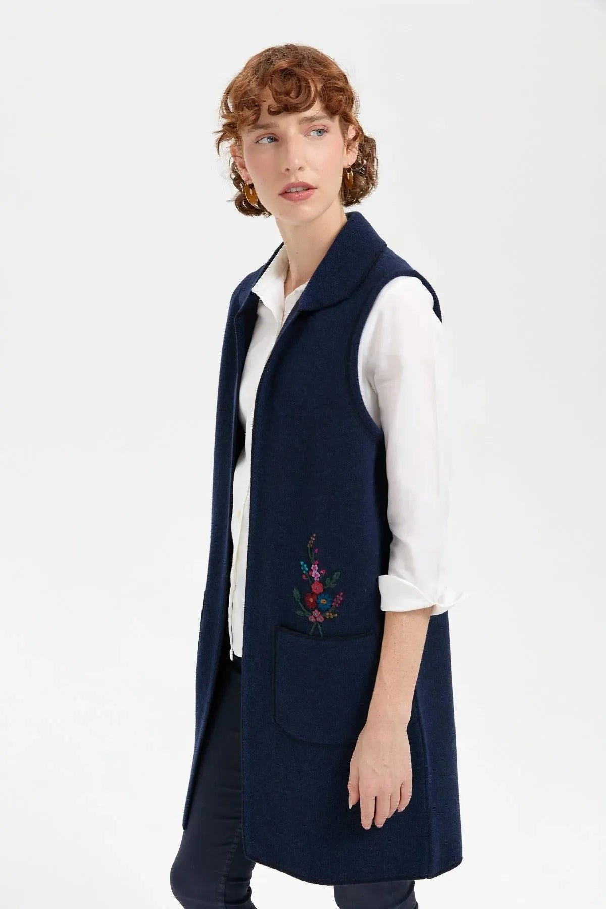 Women's Polo Collar Open Front Embroidered Long Wool Vest 