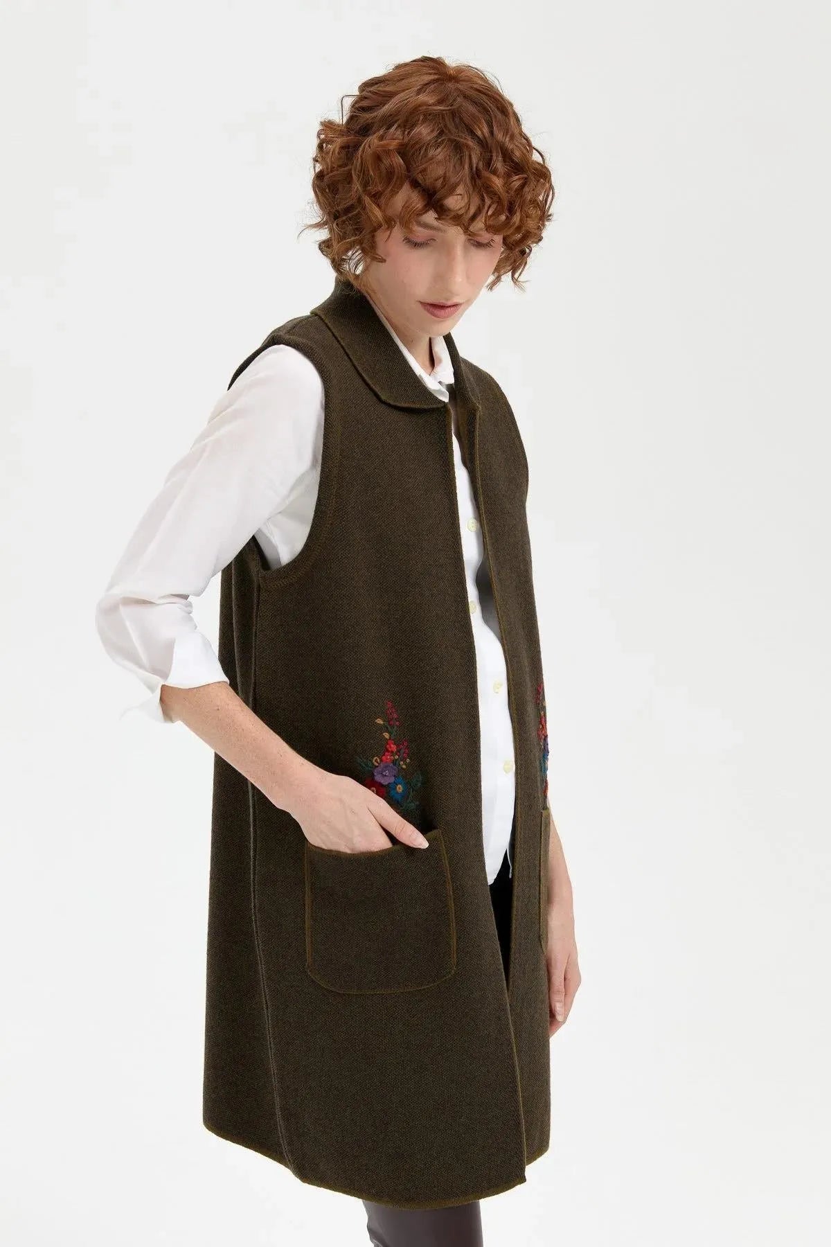 Women's Polo Collar Open Front Embroidered Long Wool Vest 