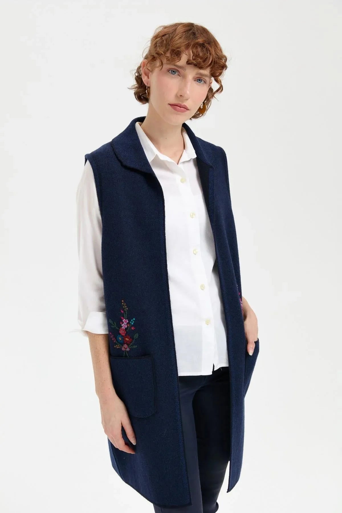 Women's Polo Collar Open Front Embroidered Long Wool Vest 