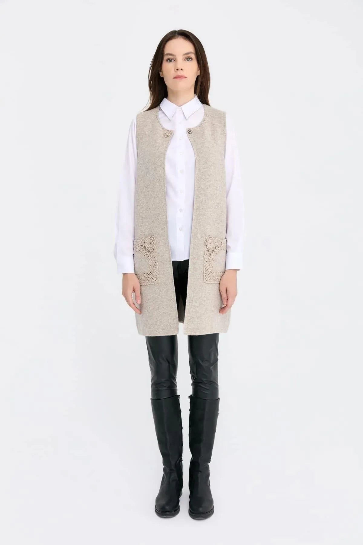 Zero Collar Open Front Pocket Rose Detailed Long Wool Vest 