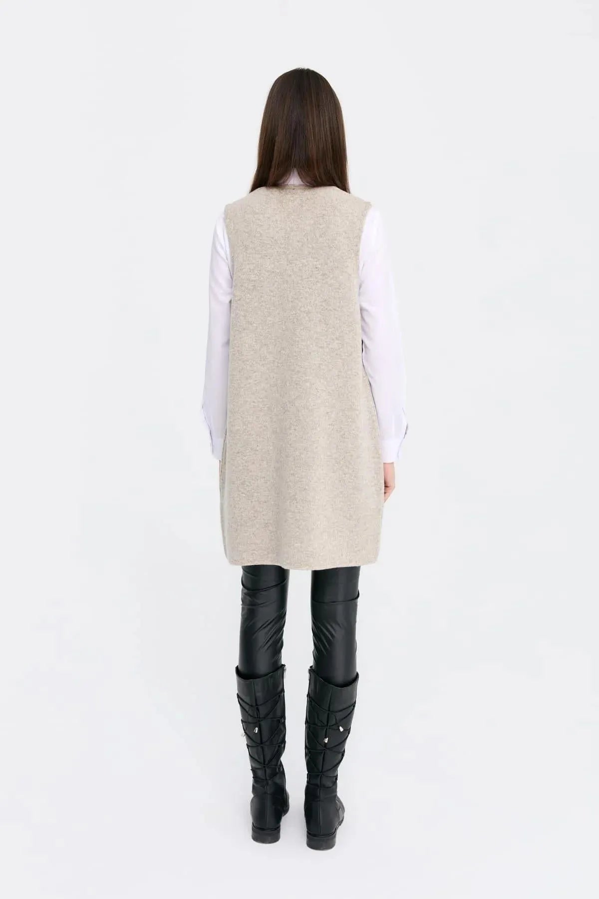 Zero Collar Open Front Pocket Rose Detailed Long Wool Vest 