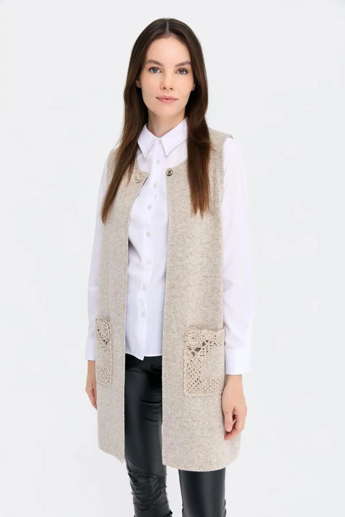 Zero Collar Open Front Pocket Rose Detailed Long Wool Vest 