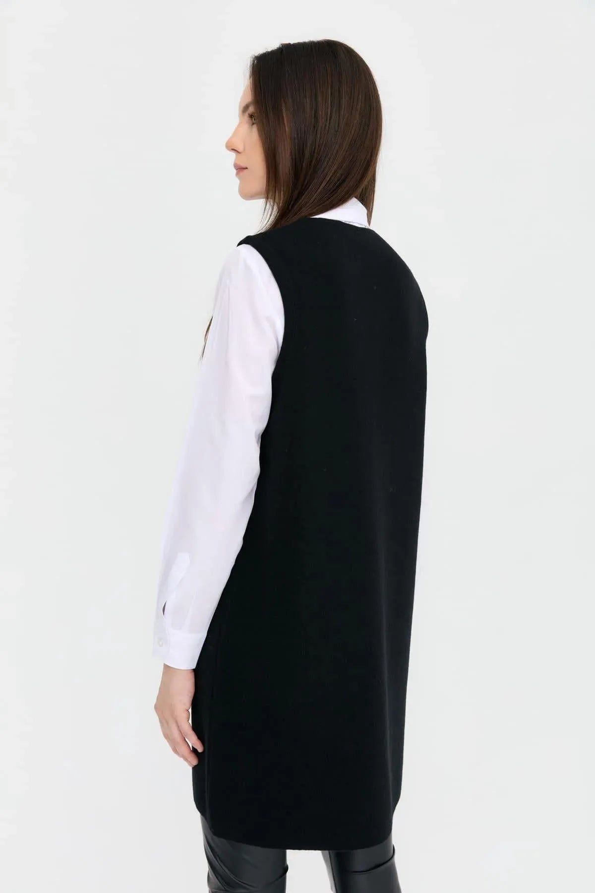 Zero Collar Open Front Pocket Rose Detailed Long Wool Vest 