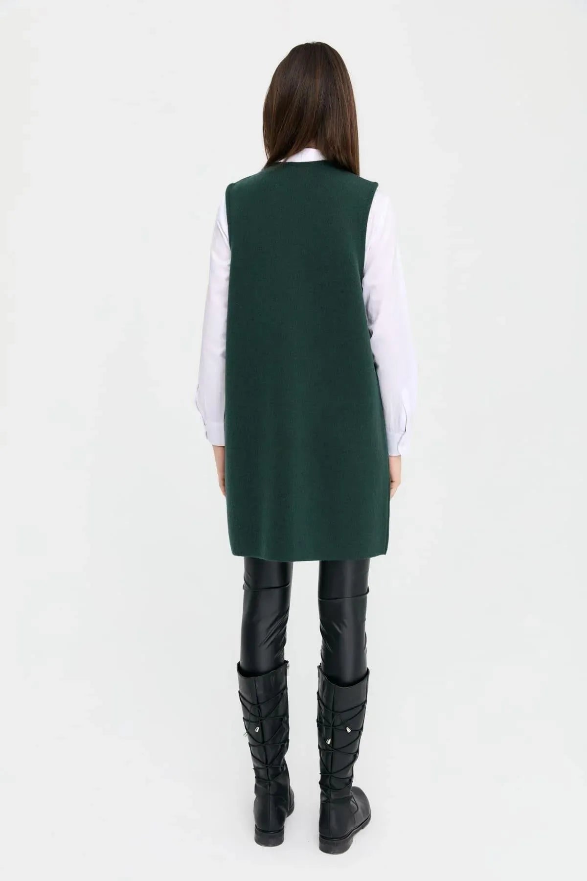 Zero Collar Open Front Pocket Rose Detailed Long Wool Vest 