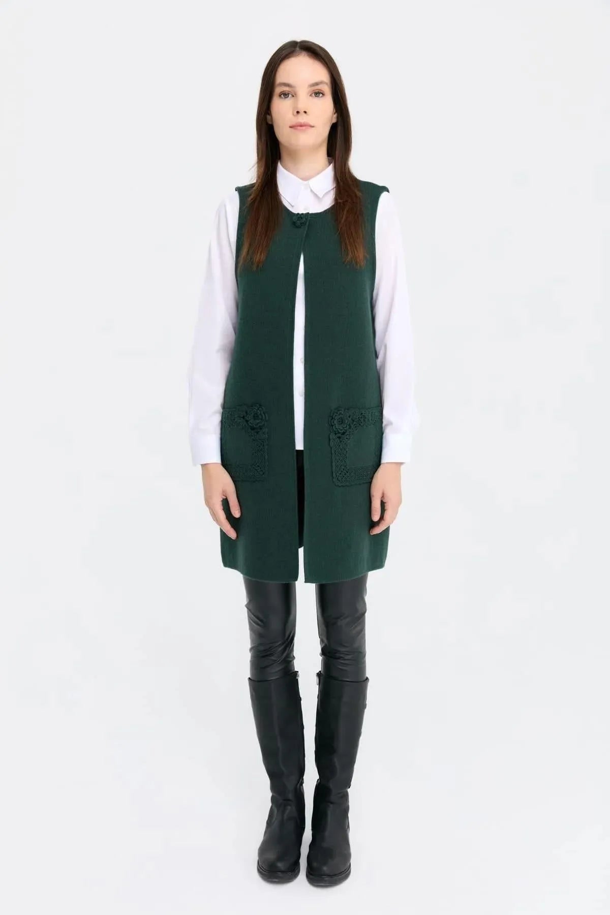 Zero Collar Open Front Pocket Rose Detailed Long Wool Vest 