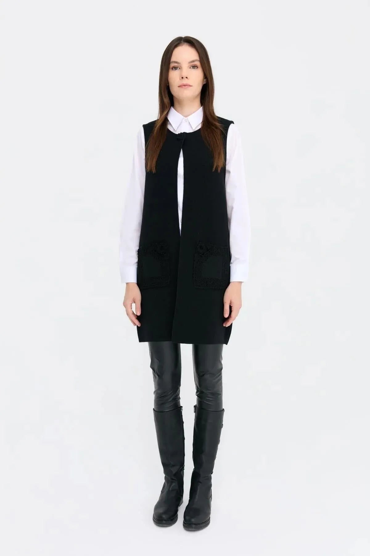 Zero Collar Open Front Pocket Rose Detailed Long Wool Vest 