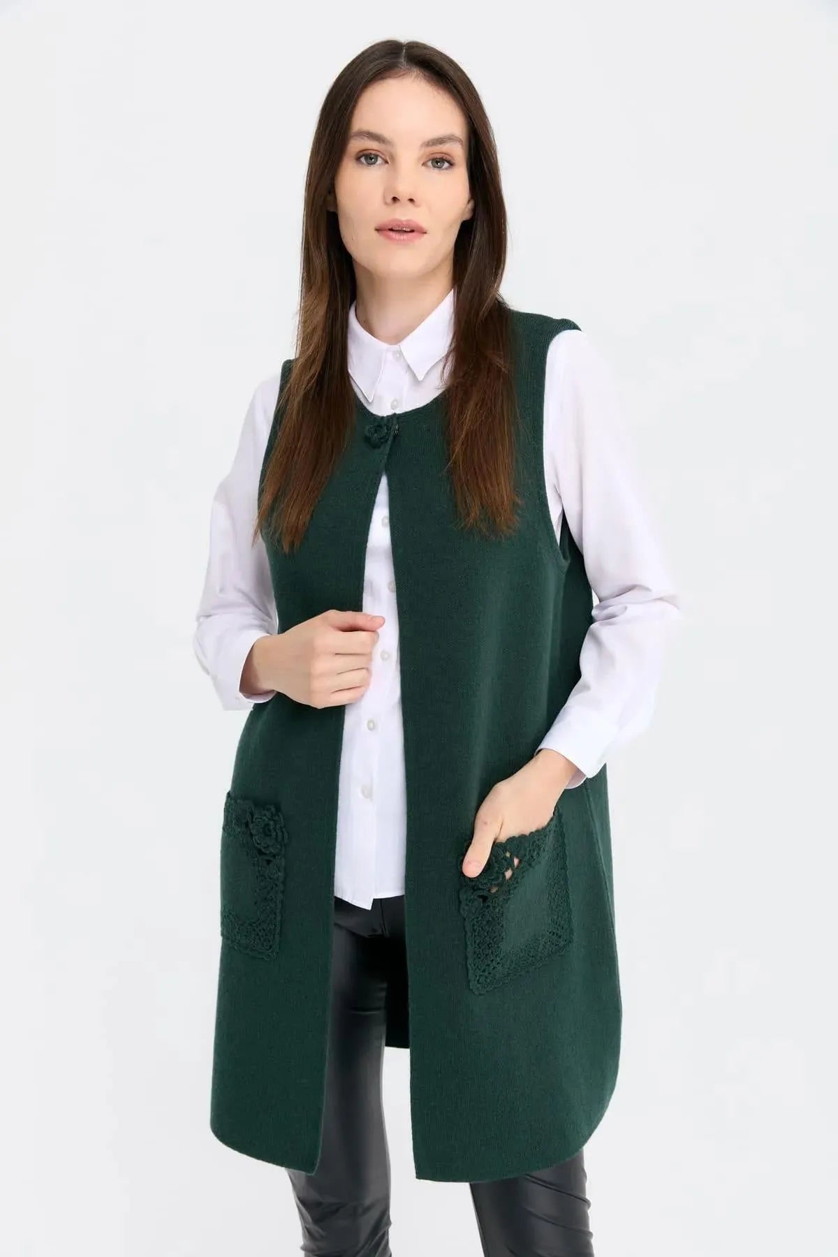 Zero Collar Open Front Pocket Rose Detailed Long Wool Vest 