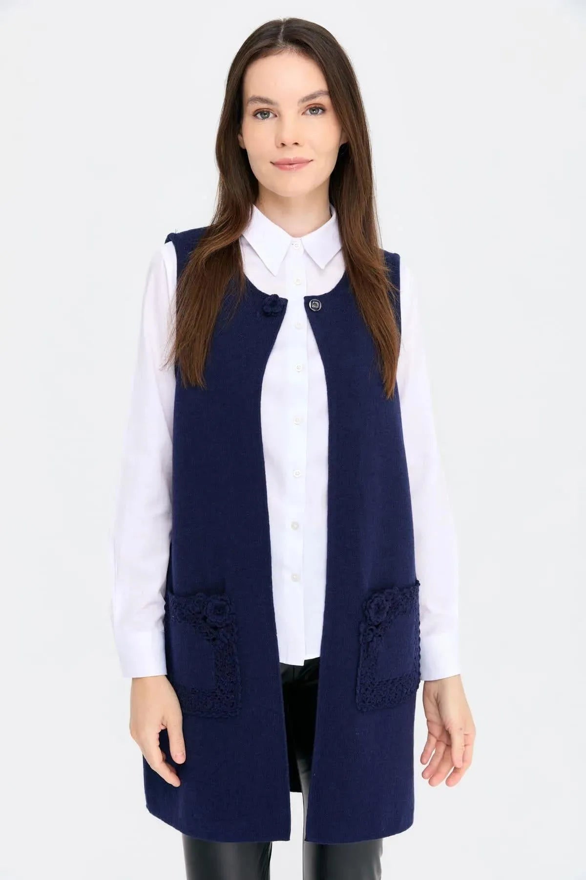 Zero Collar Open Front Pocket Rose Detailed Long Wool Vest 