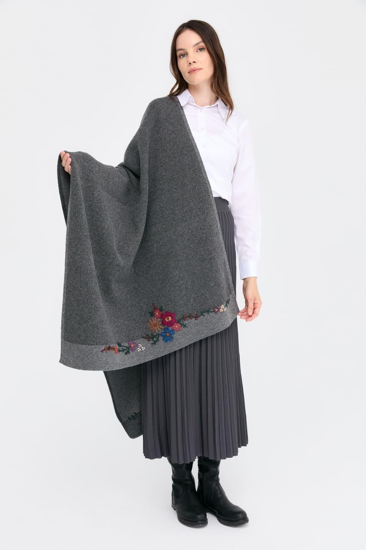 Wool Shawl with Floral Embroidery on Both Sides 