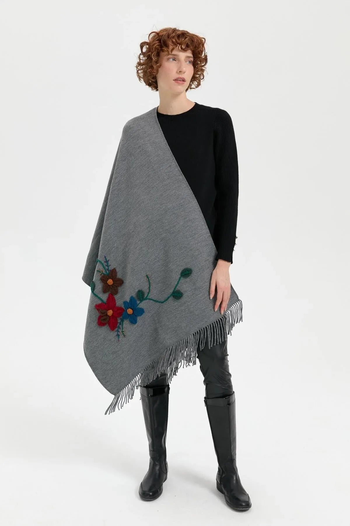 Women's Knitted Flower Embroidered Tassel Shawl