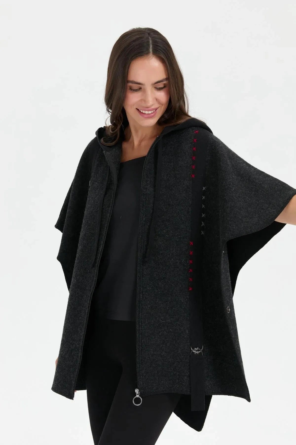 Women's Hooded Wool Poncho with Felt Embroidered Front and Zipper 