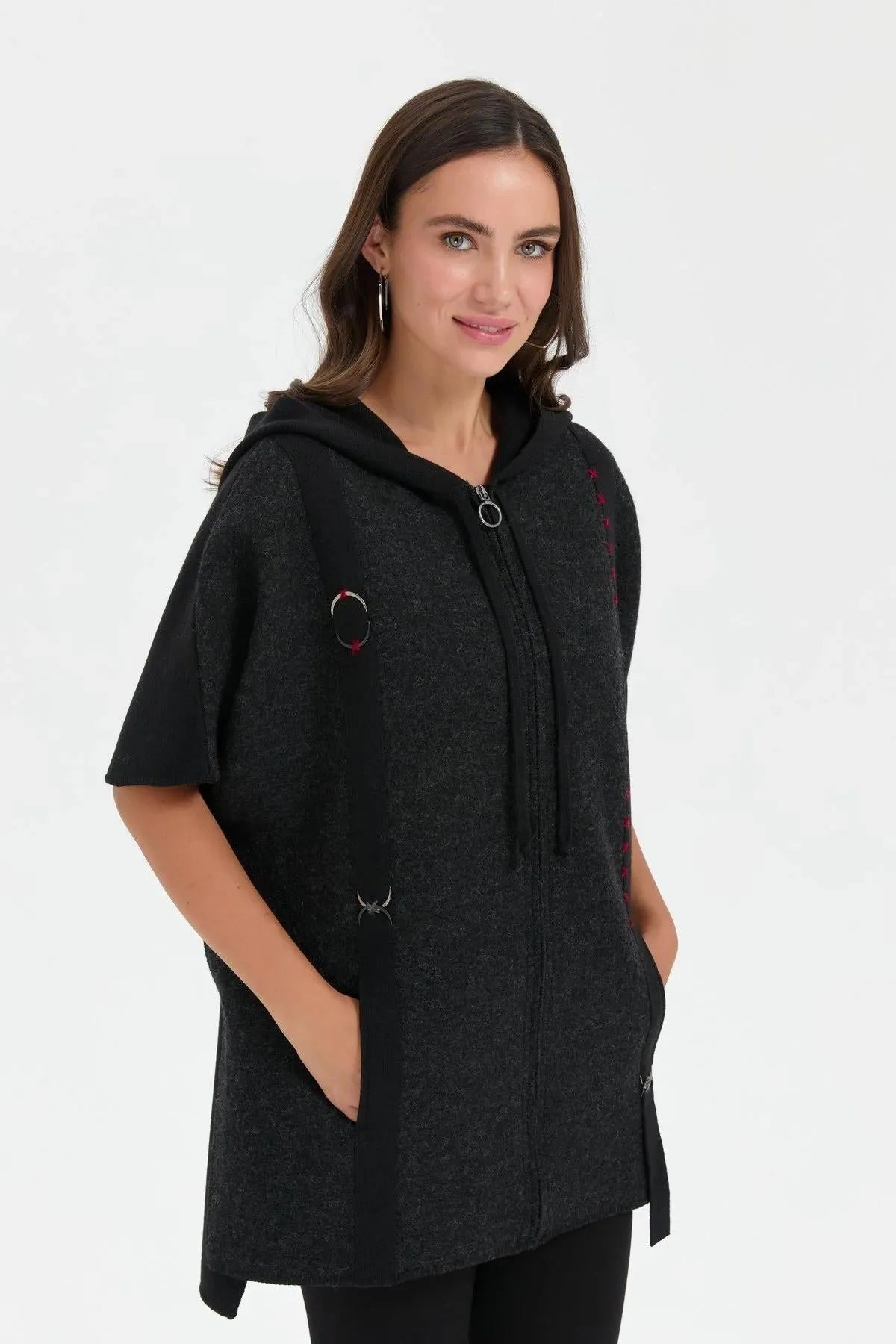 Women's Hooded Wool Poncho with Felt Embroidered Front and Zipper 