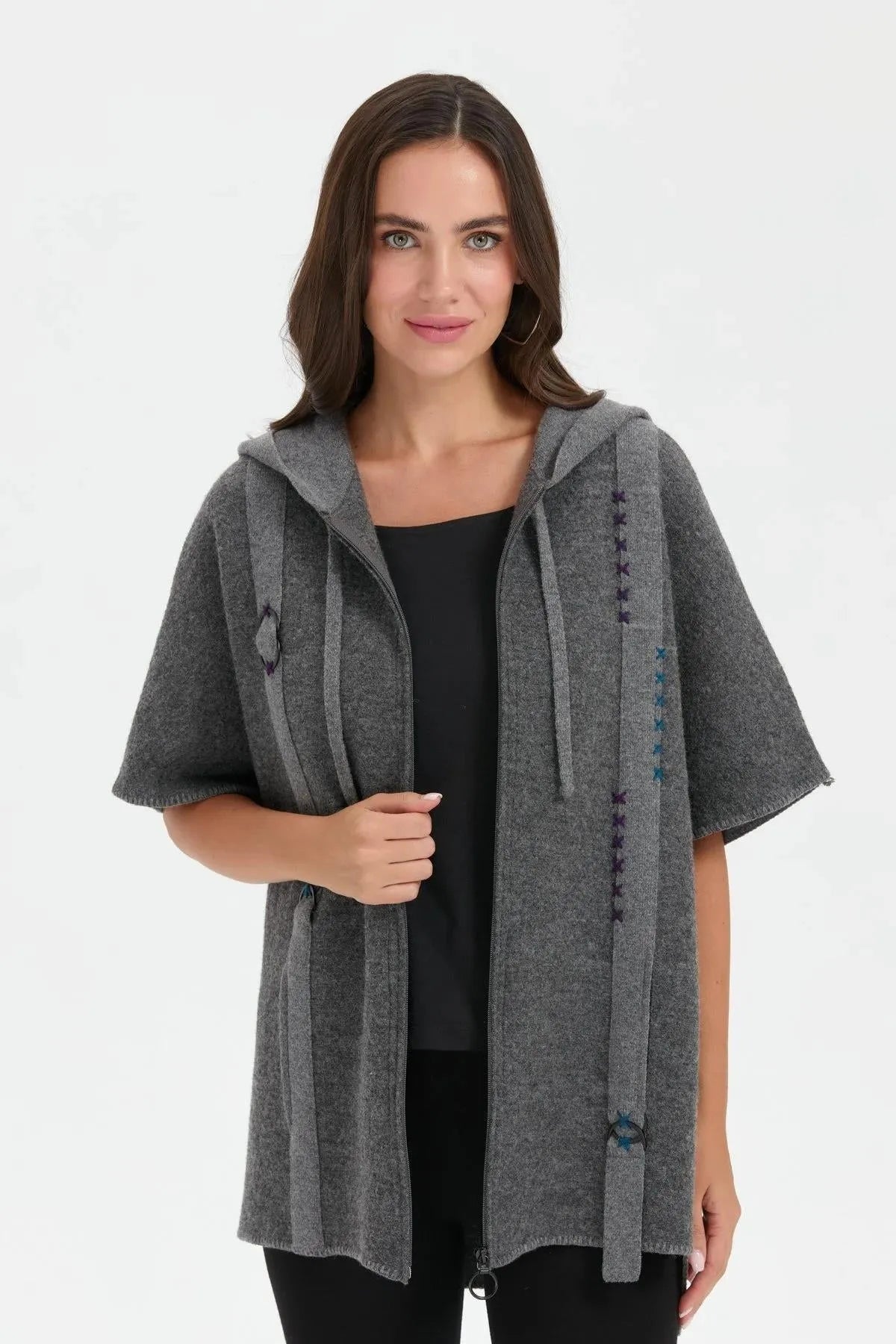 Women's Hooded Wool Poncho with Felt Embroidered Front and Zipper 