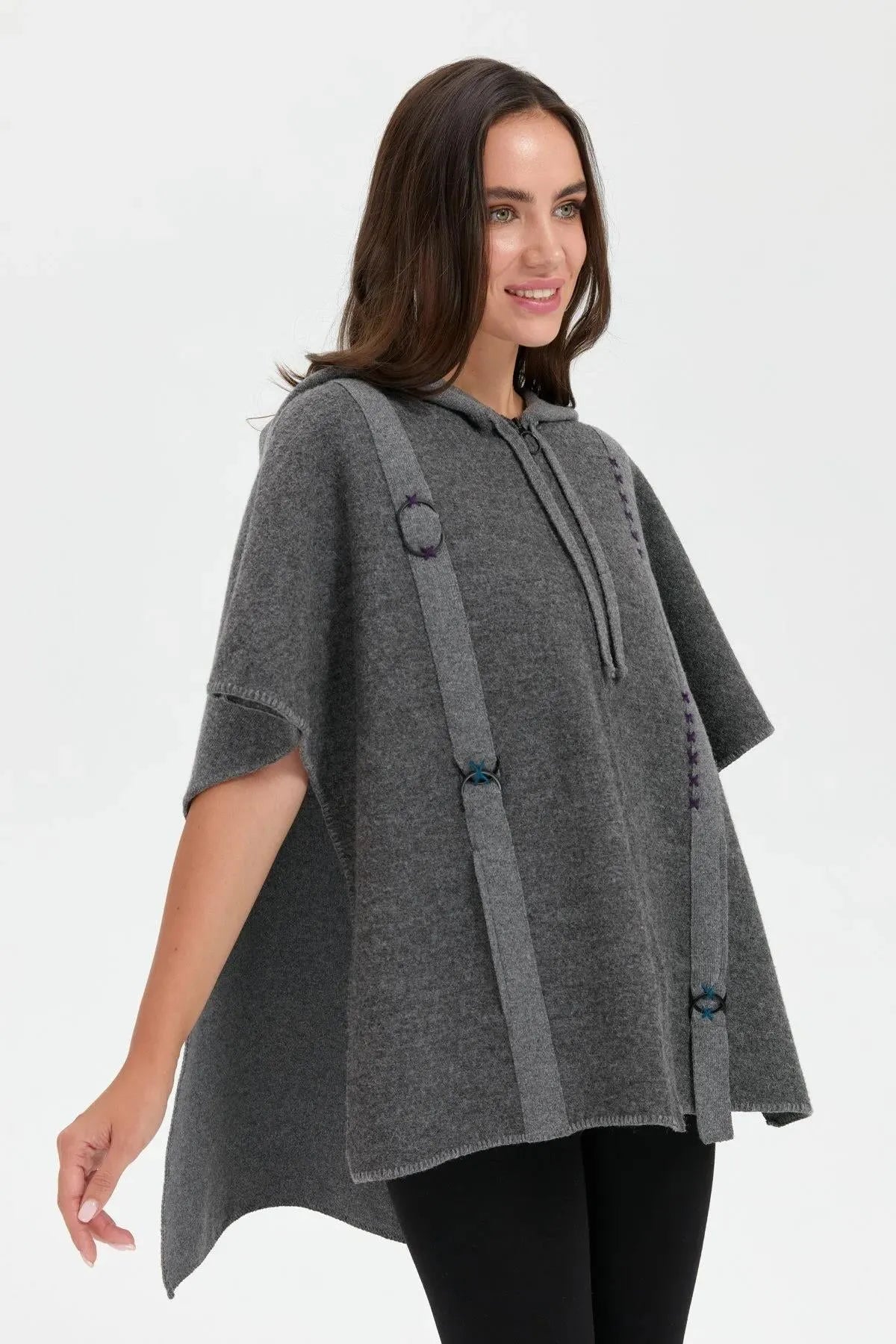 Women's Hooded Wool Poncho with Felt Embroidered Front and Zipper 