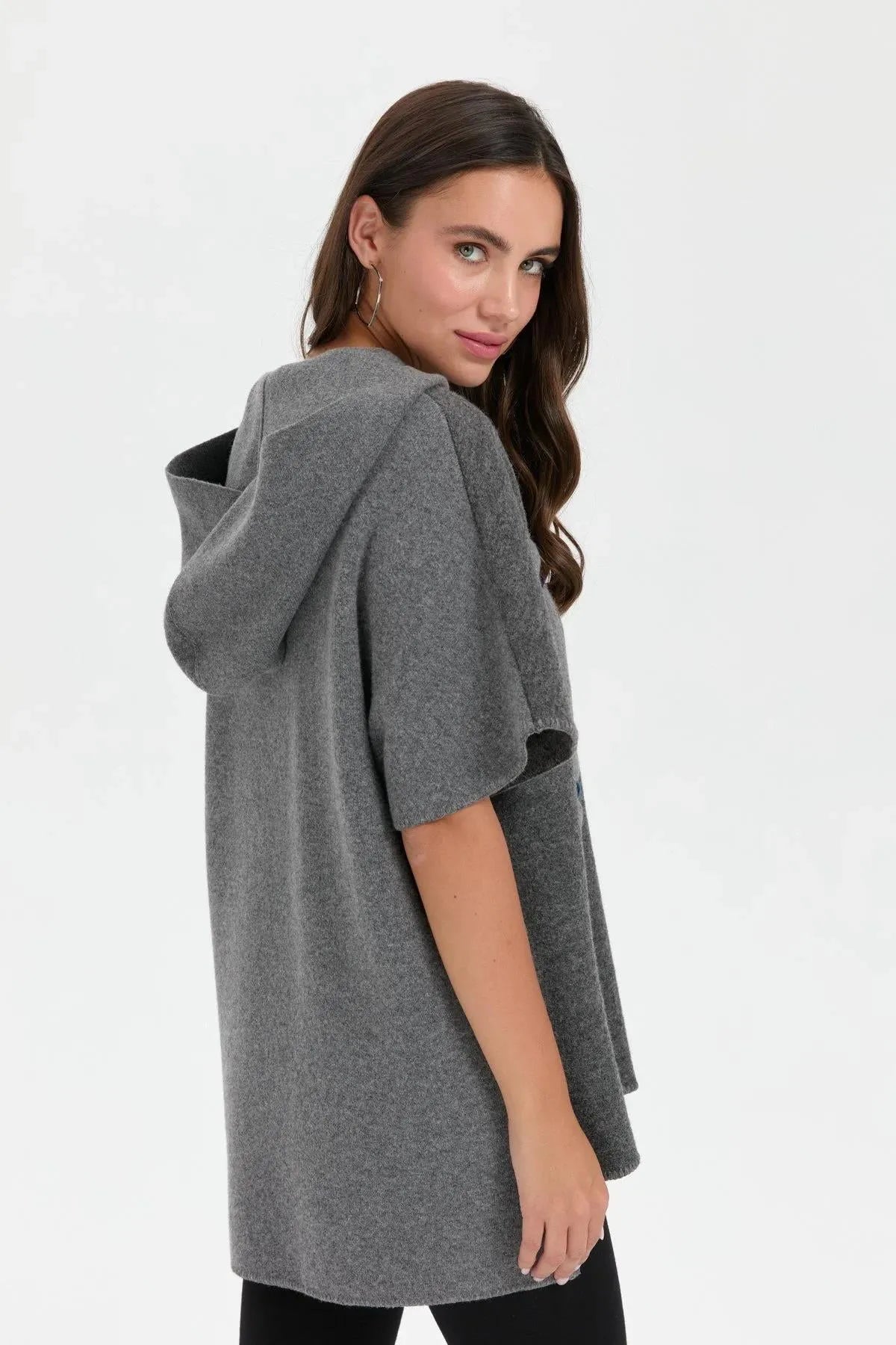 Women's Hooded Wool Poncho with Felt Embroidered Front and Zipper 