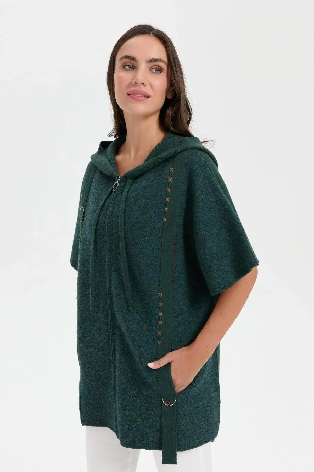 Women's Hooded Wool Poncho with Felt Embroidered Front and Zipper 