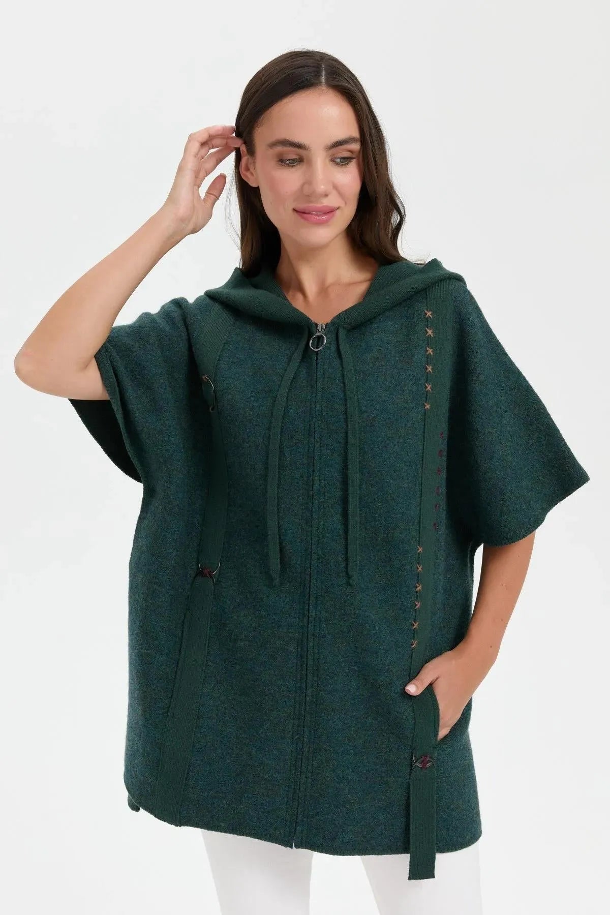 Women's Hooded Wool Poncho with Felt Embroidered Front and Zipper 