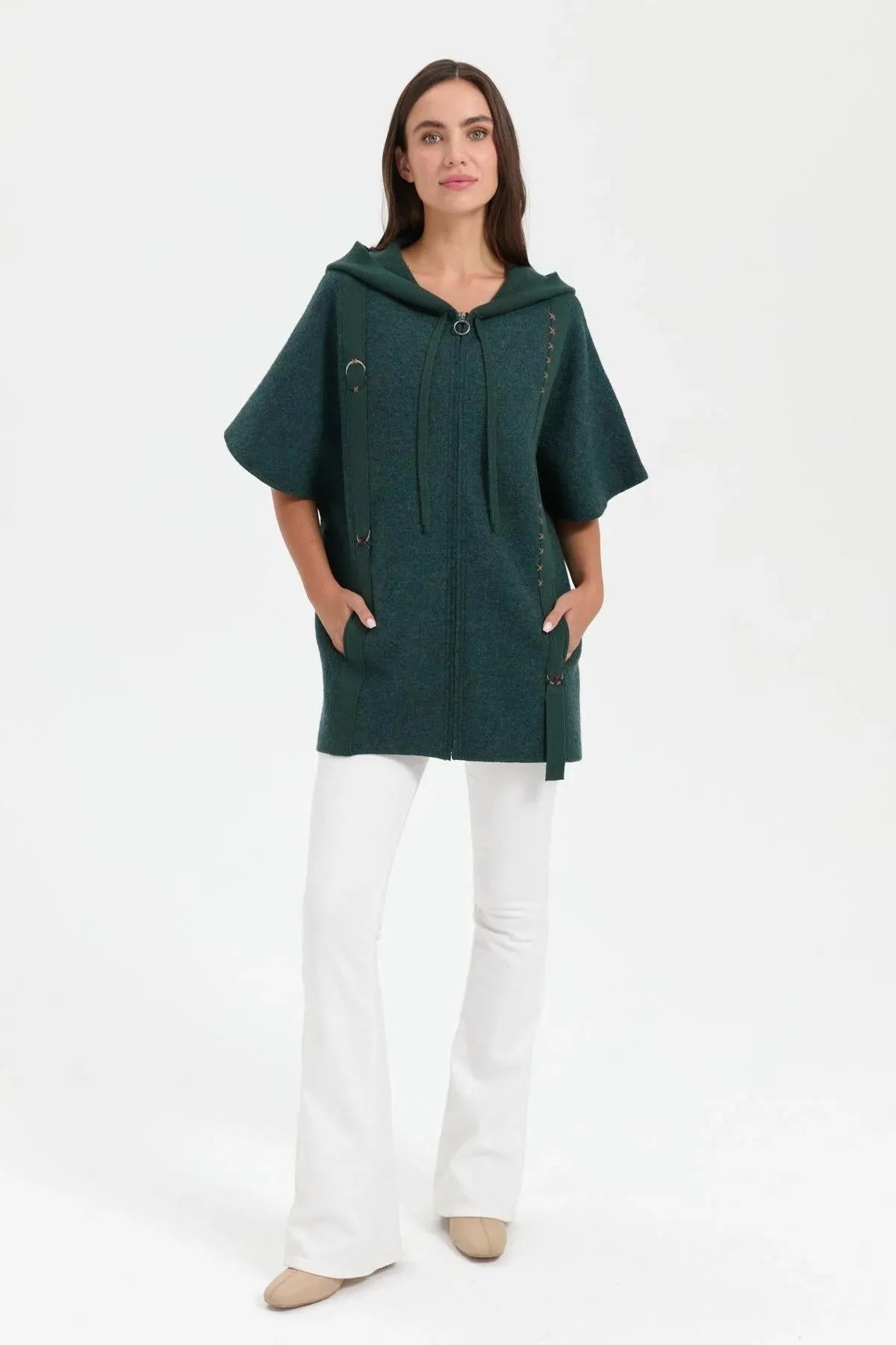 Women's Hooded Wool Poncho with Felt Embroidered Front and Zipper 