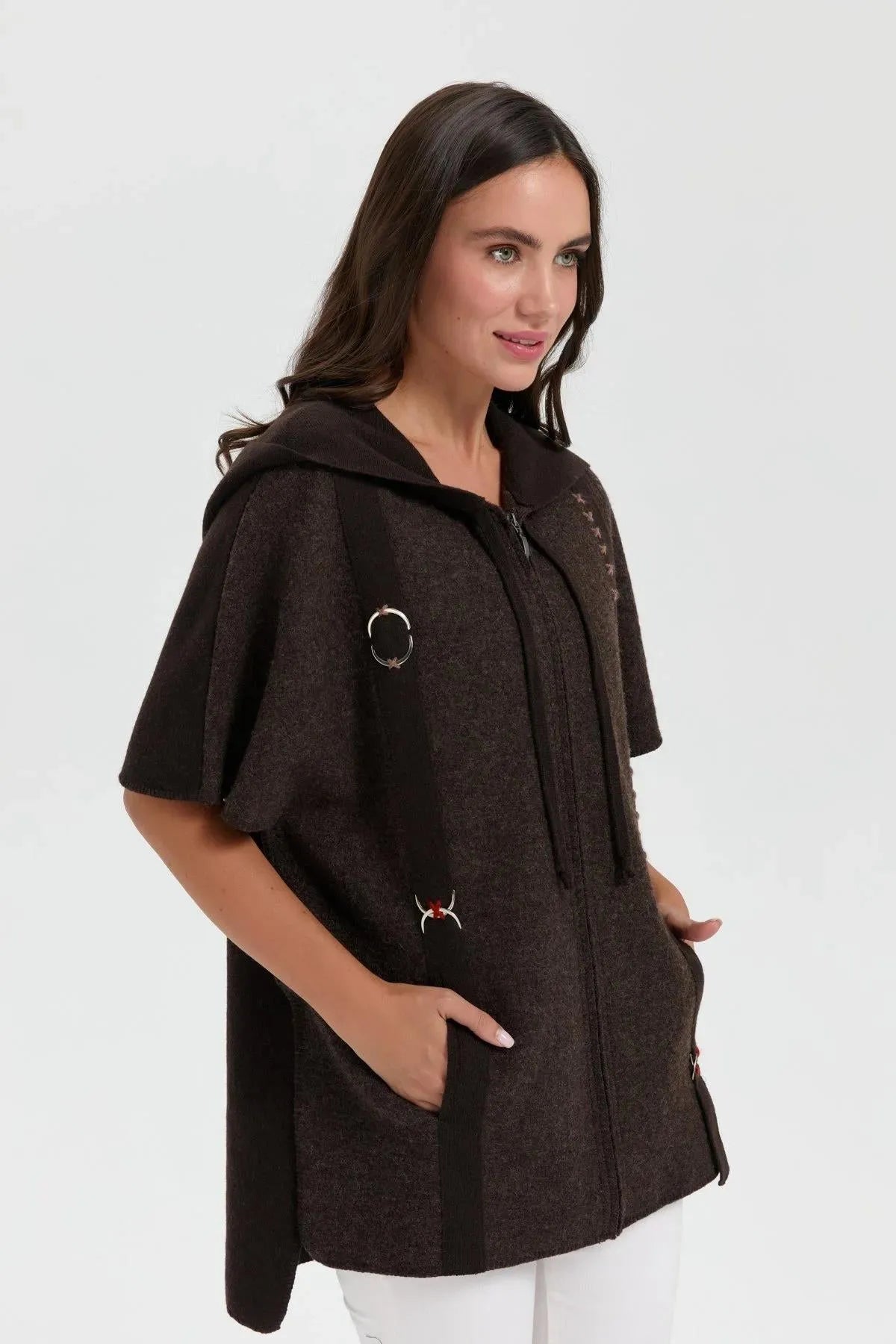 Women's Hooded Wool Poncho with Felt Embroidered Front and Zipper 