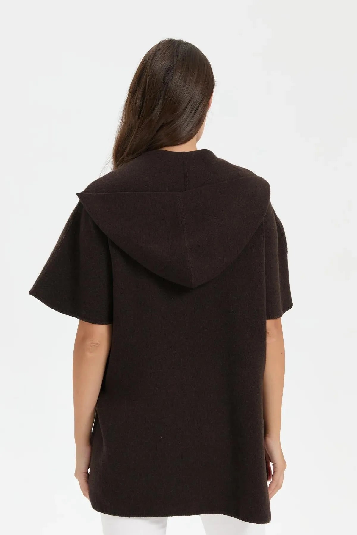 Women's Hooded Wool Poncho with Felt Embroidered Front and Zipper 