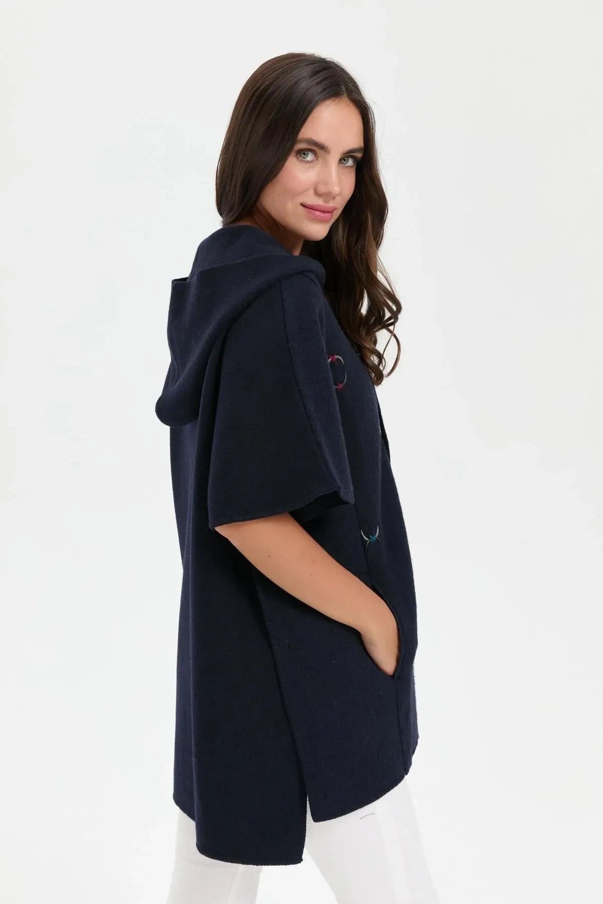 Women's Hooded Wool Poncho with Felt Embroidered Front and Zipper 