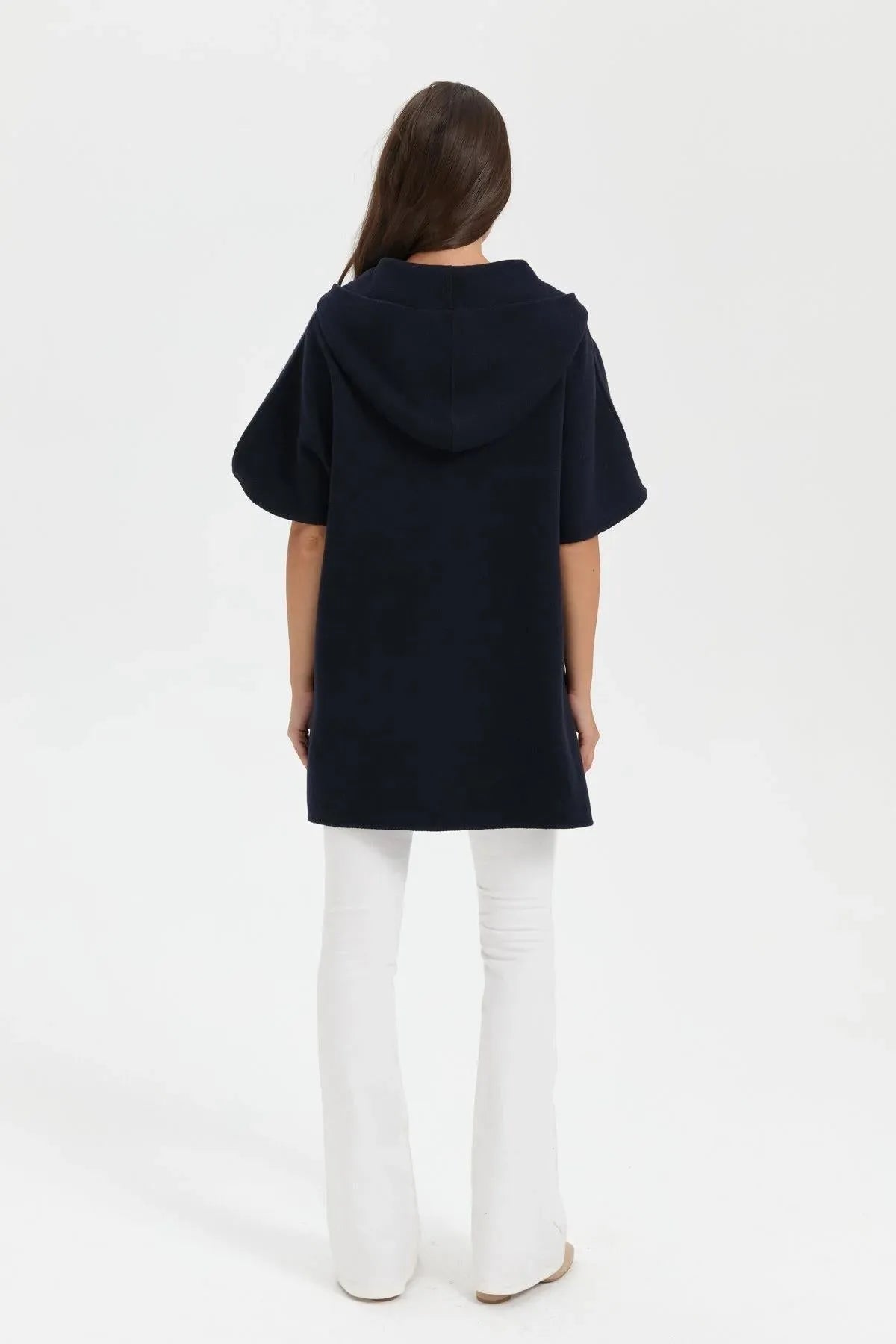 Women's Hooded Wool Poncho with Felt Embroidered Front and Zipper 