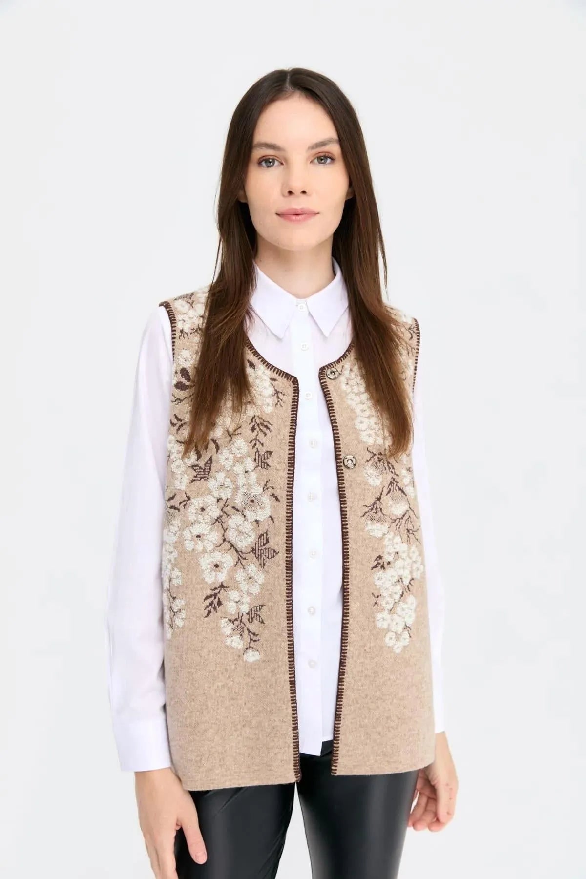 Zero Collar Wild Flower Patterned Wool Vest 