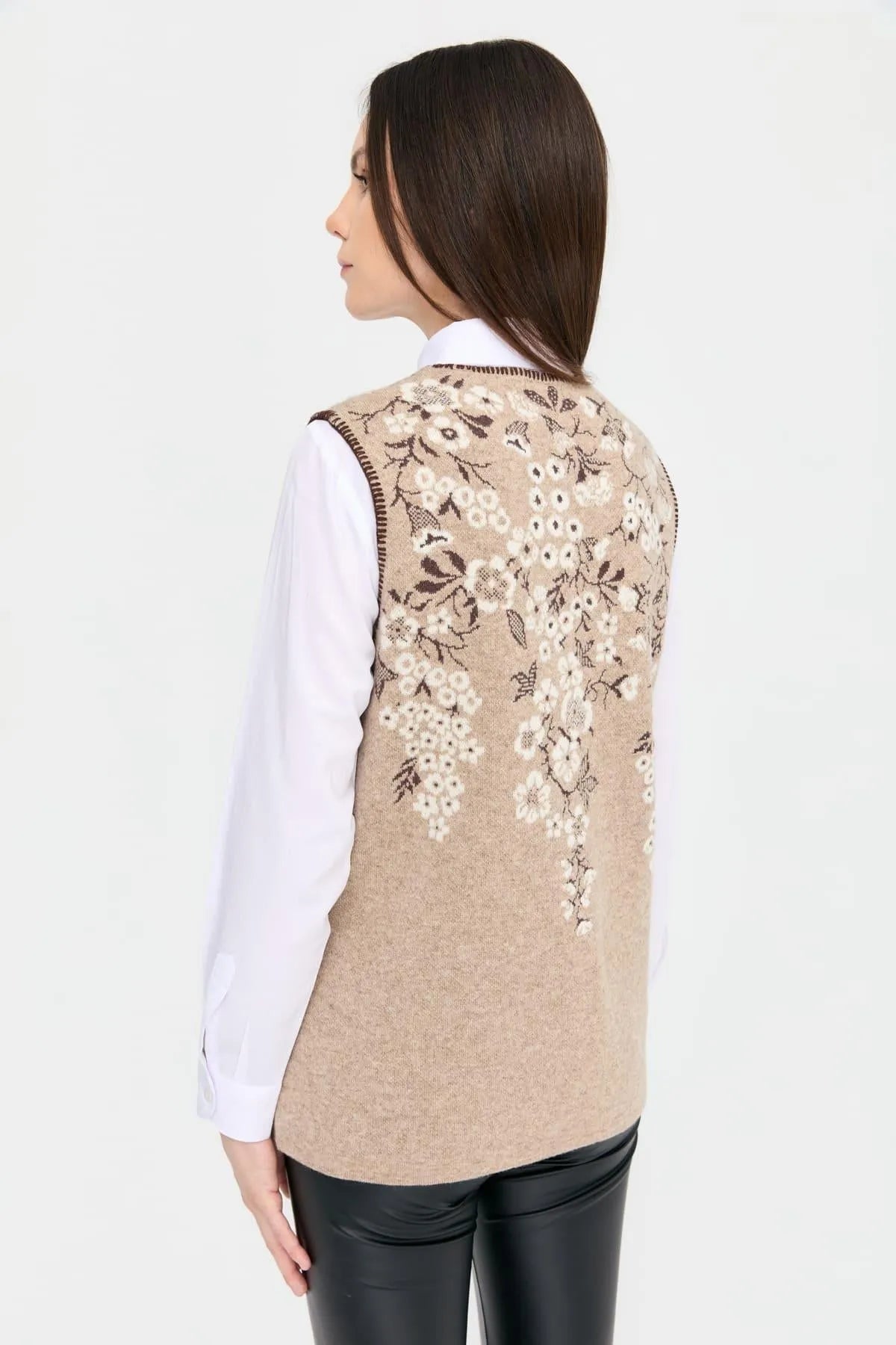 Zero Collar Wild Flower Patterned Wool Vest 