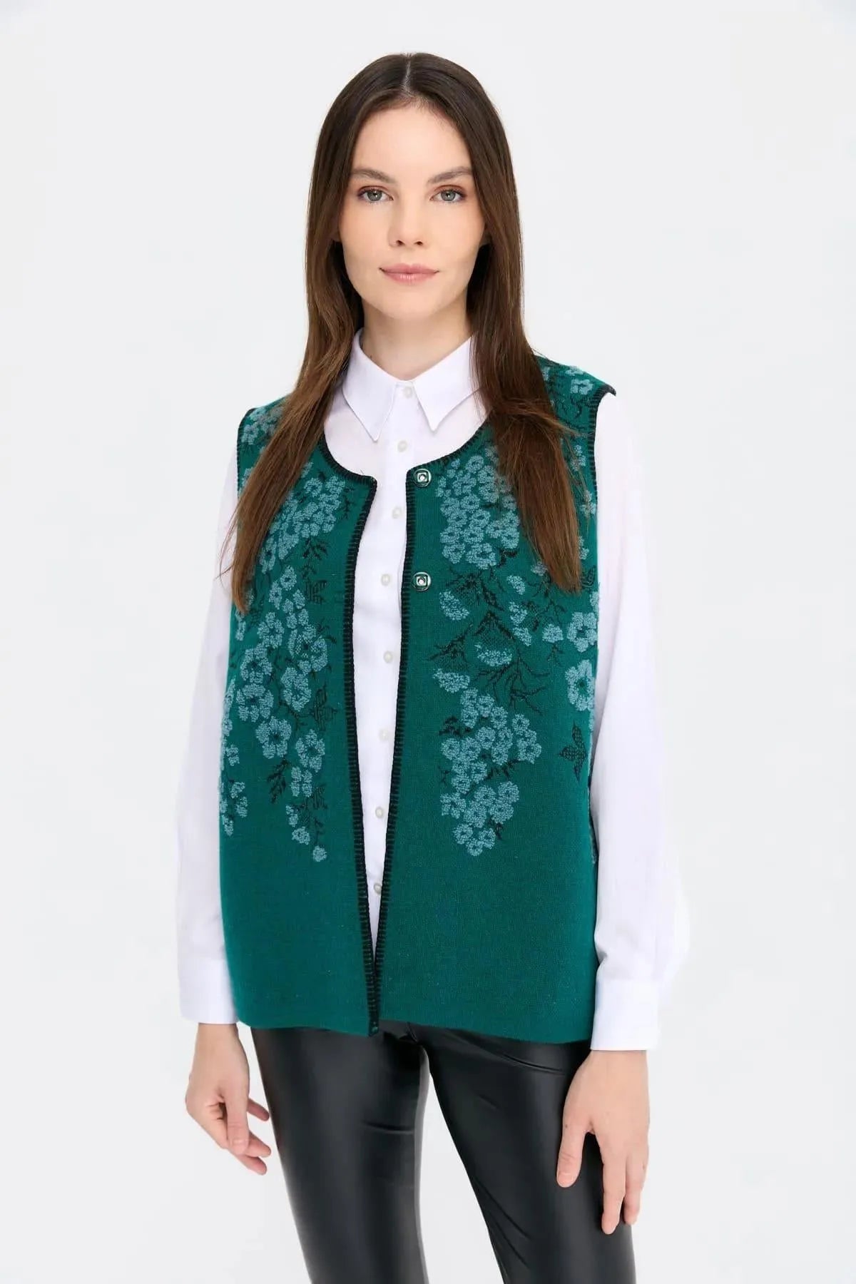 Zero Collar Wild Flower Patterned Wool Vest 