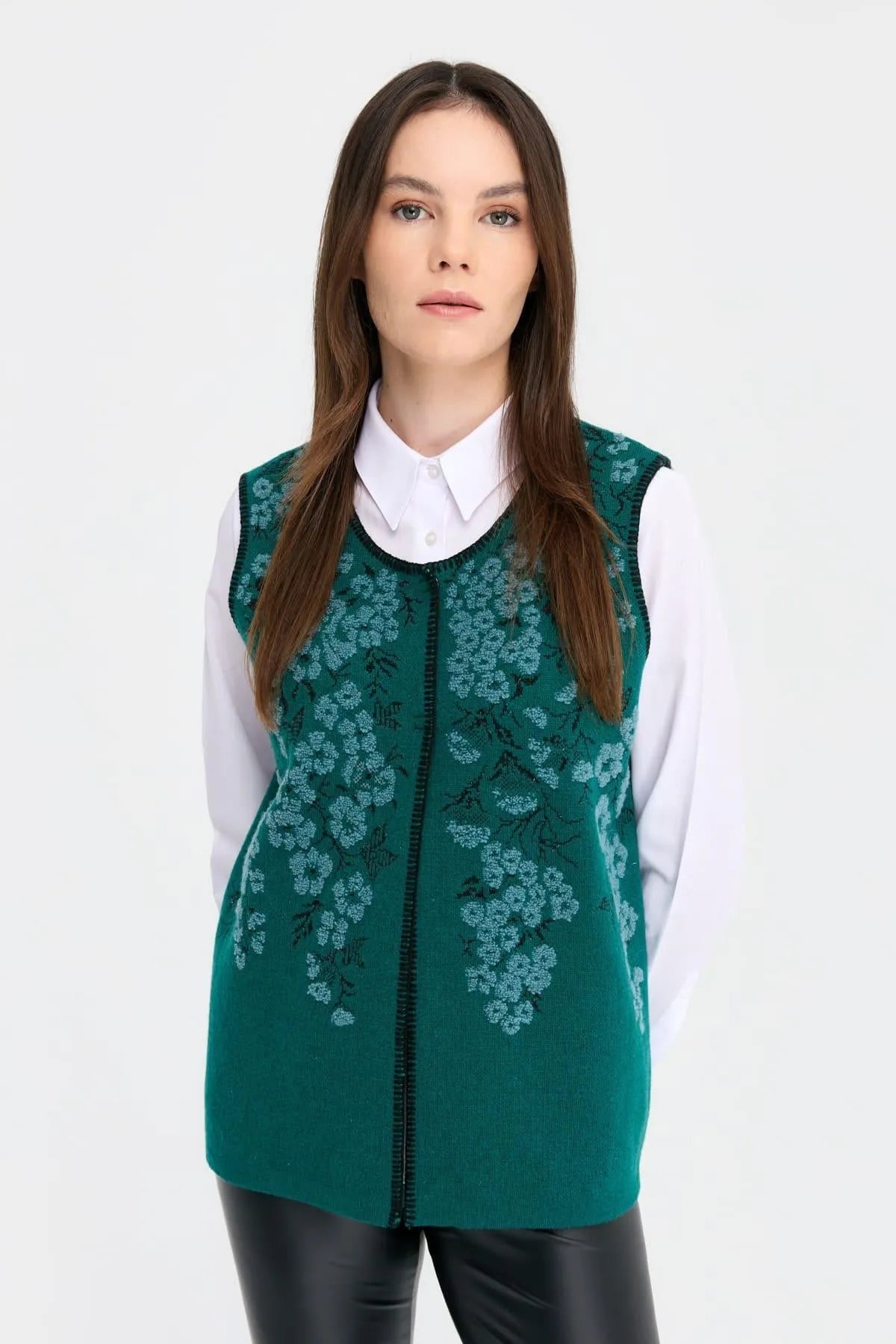 Zero Collar Wild Flower Patterned Wool Vest 