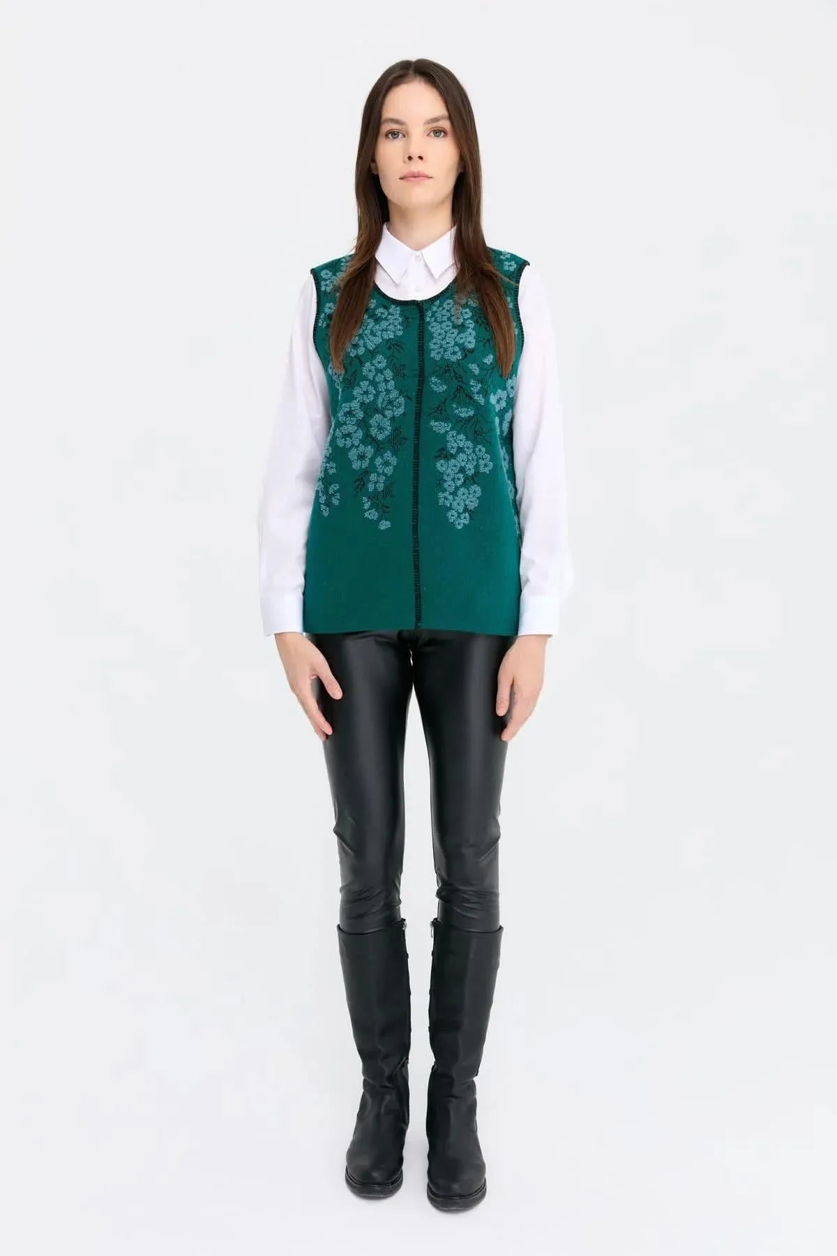 Zero Collar Wild Flower Patterned Wool Vest 