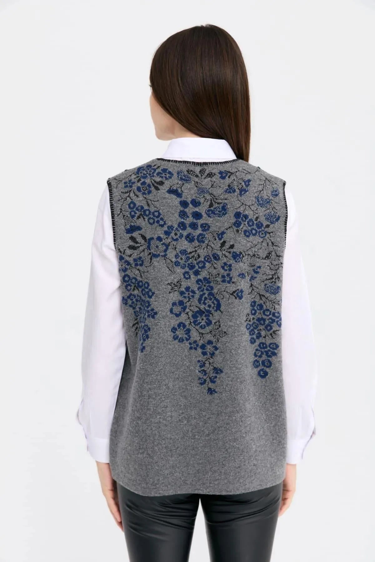 Zero Collar Wild Flower Patterned Wool Vest 