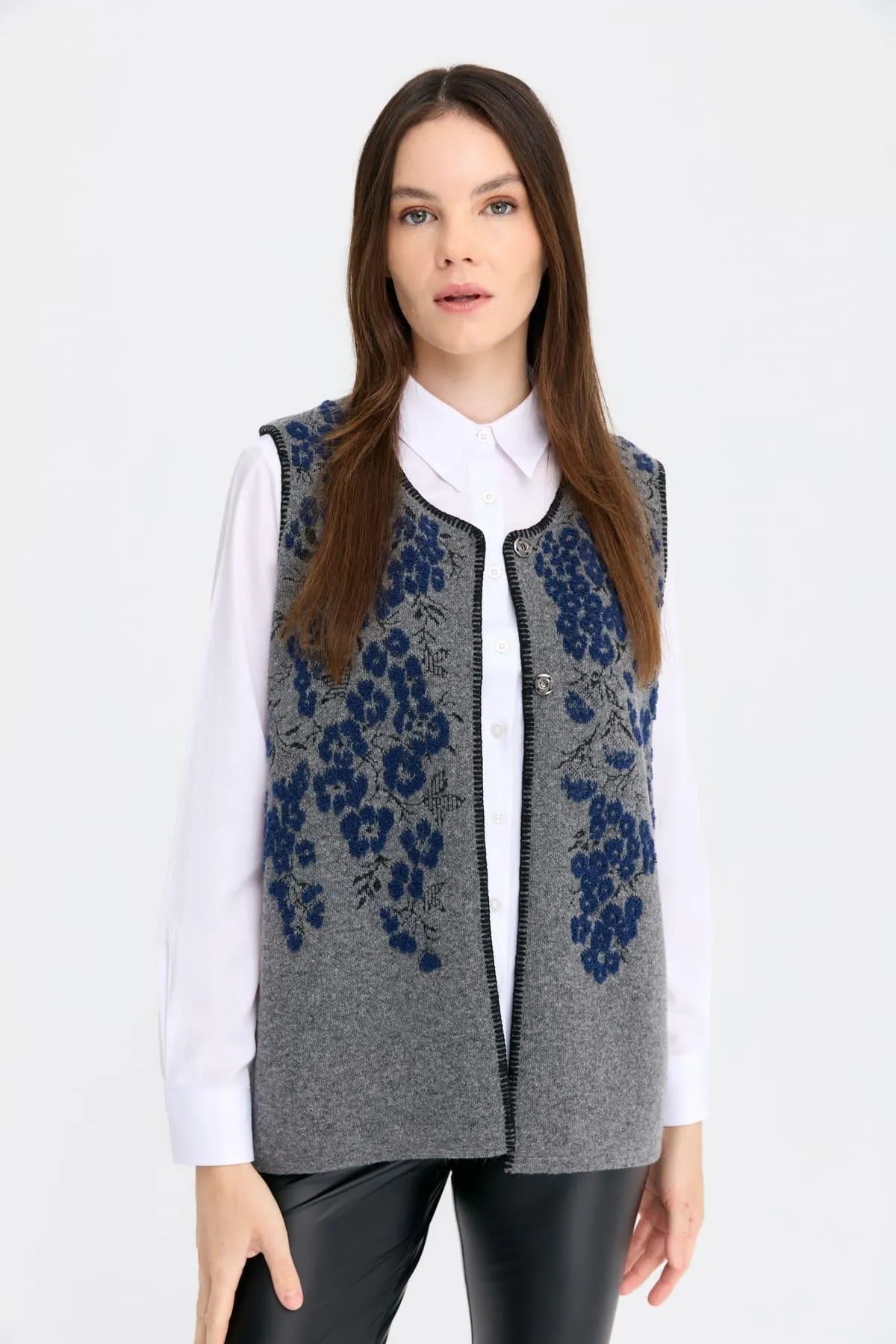 Zero Collar Wild Flower Patterned Wool Vest 