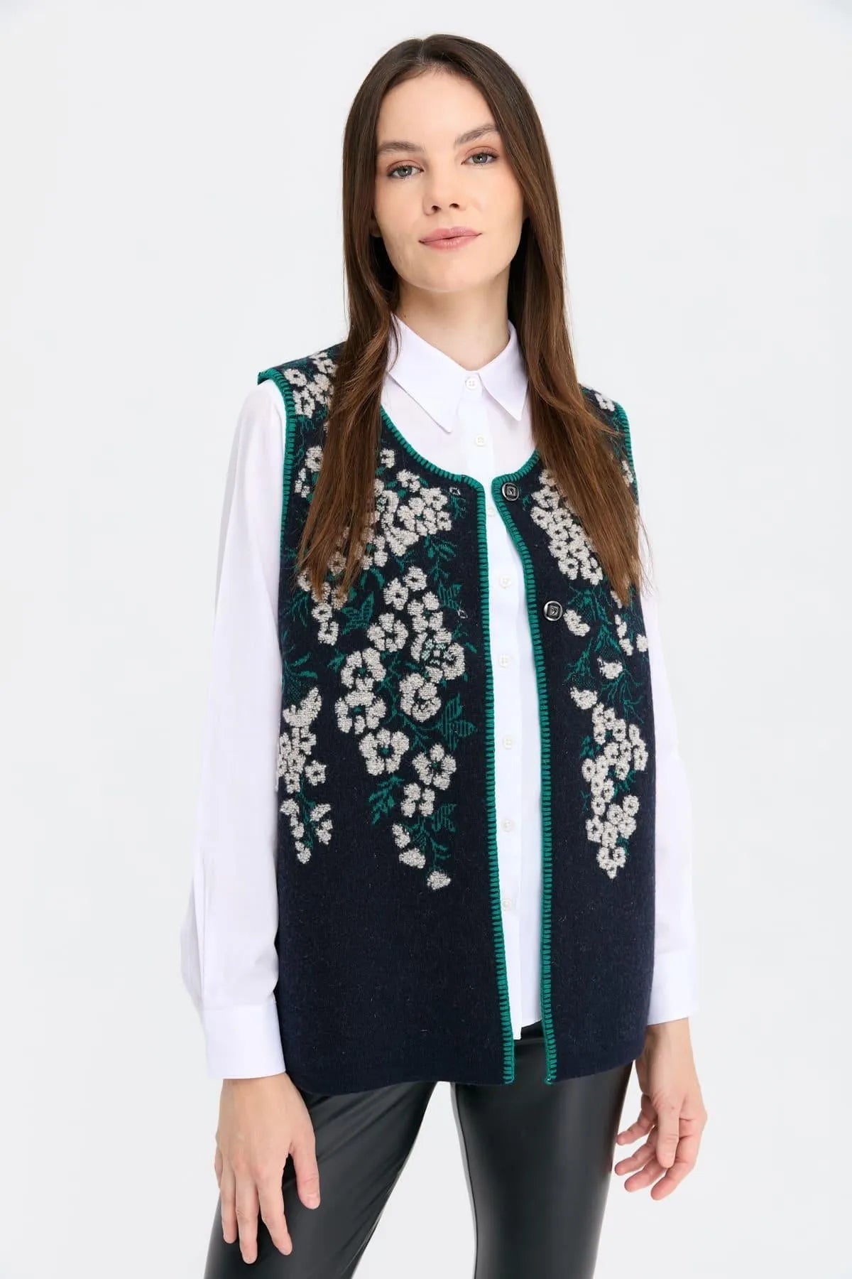 Zero Collar Wild Flower Patterned Wool Vest 