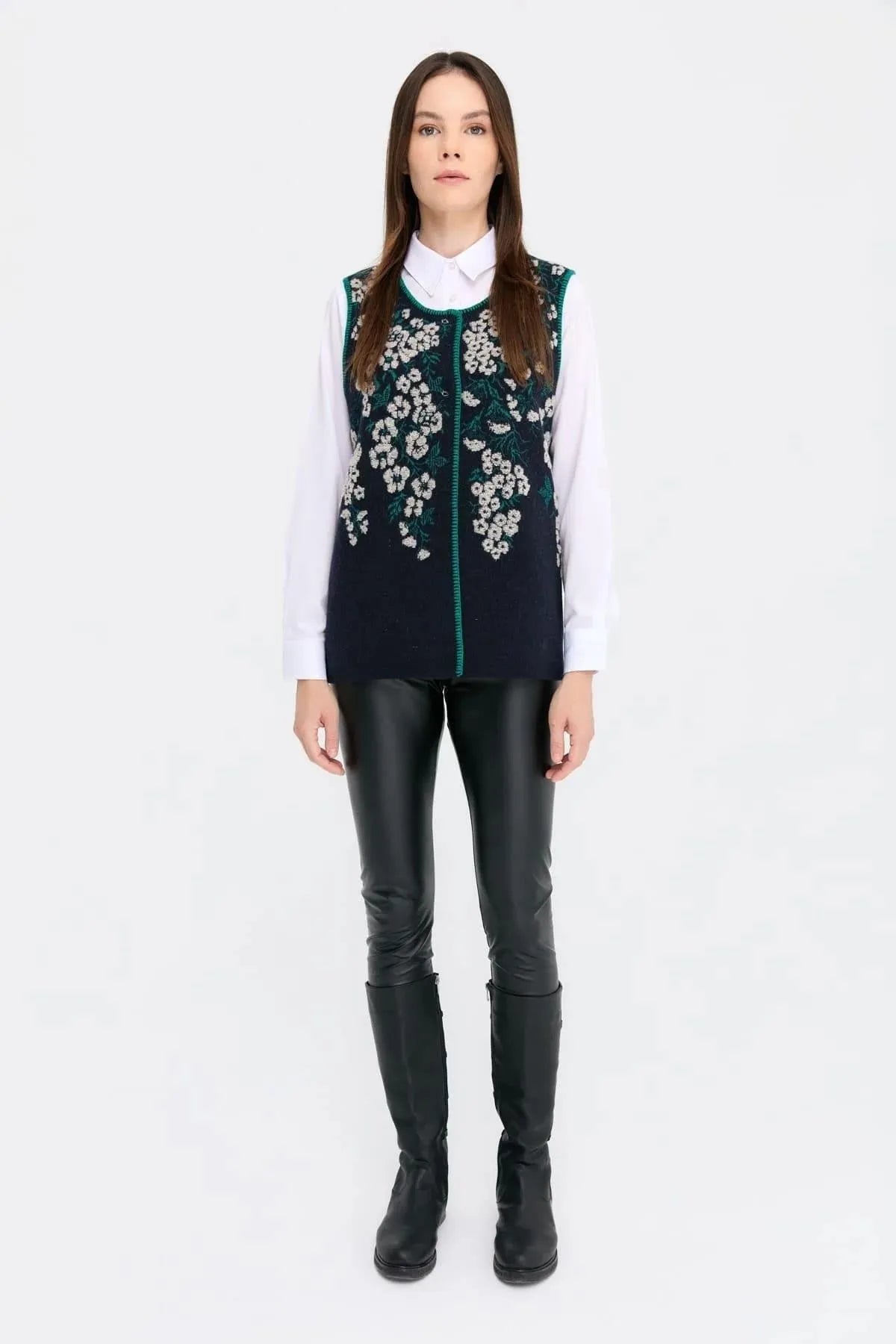 Zero Collar Wild Flower Patterned Wool Vest 