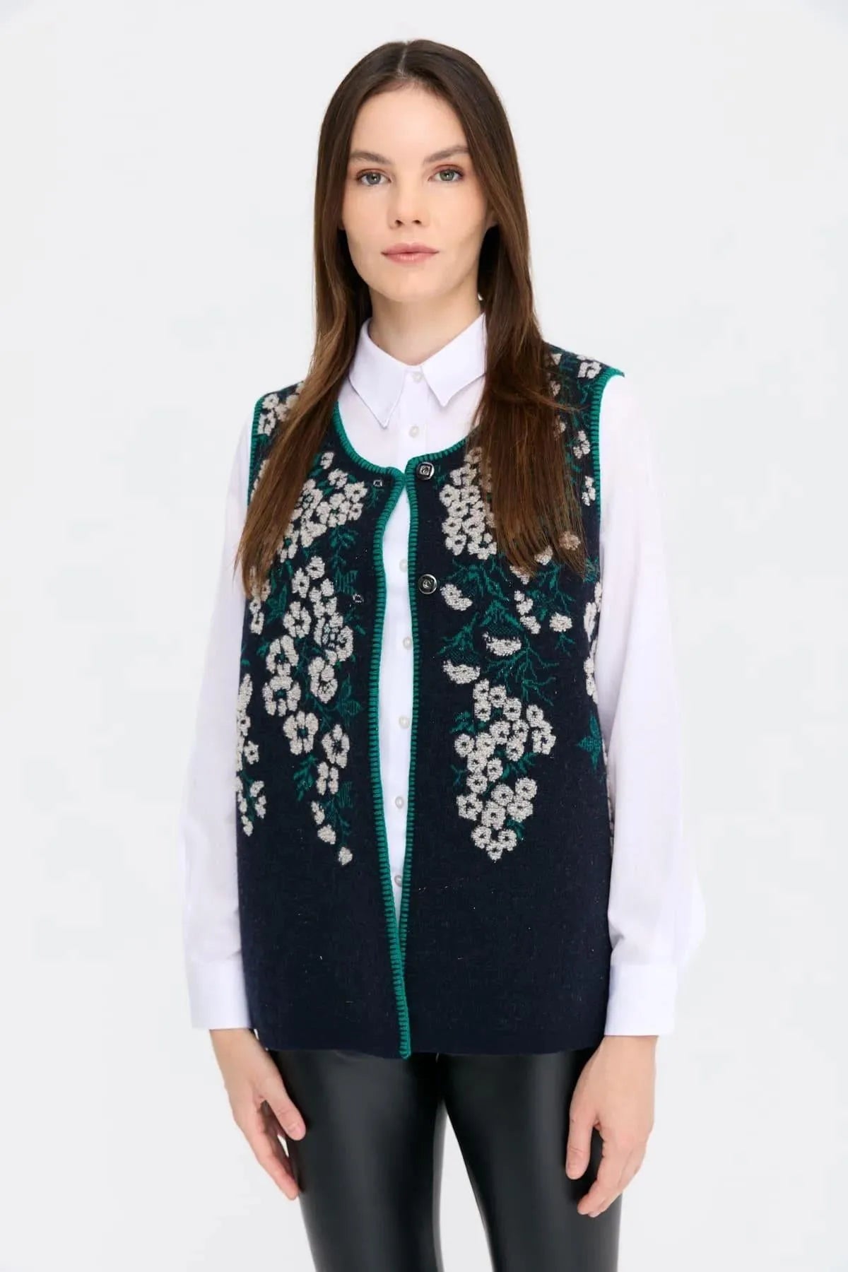 Zero Collar Wild Flower Patterned Wool Vest 