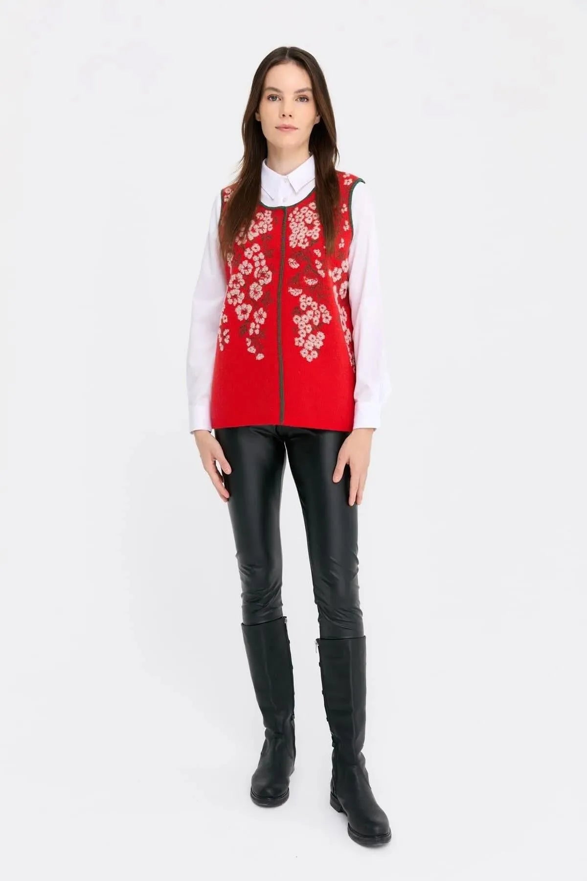 Zero Collar Wild Flower Patterned Wool Vest 