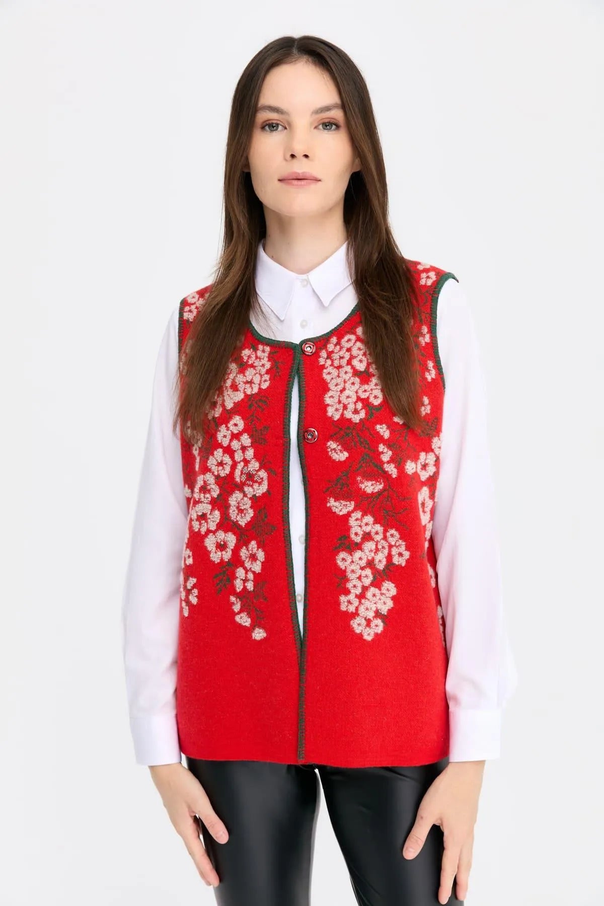 Zero Collar Wild Flower Patterned Wool Vest 