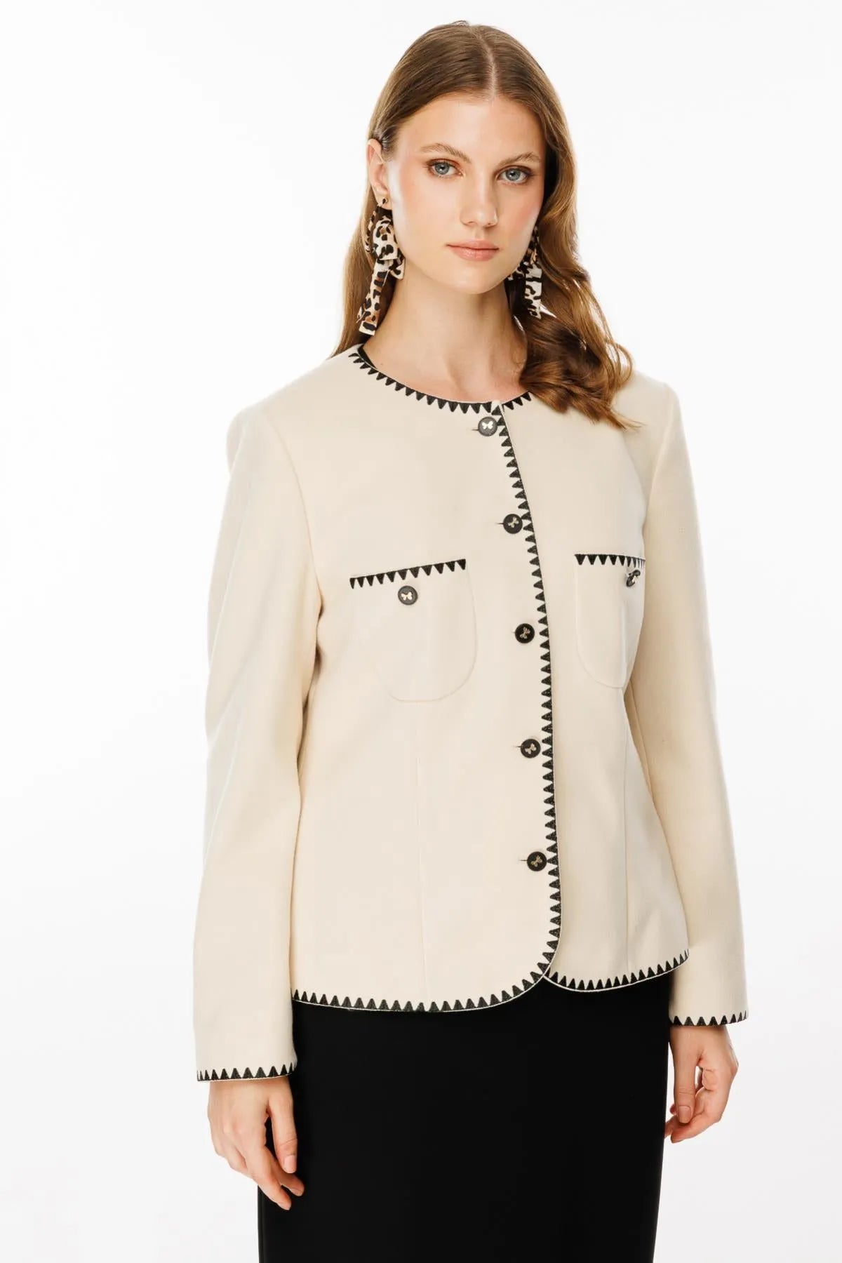 Pocket Detailed Piping Short Plus Size Jacket