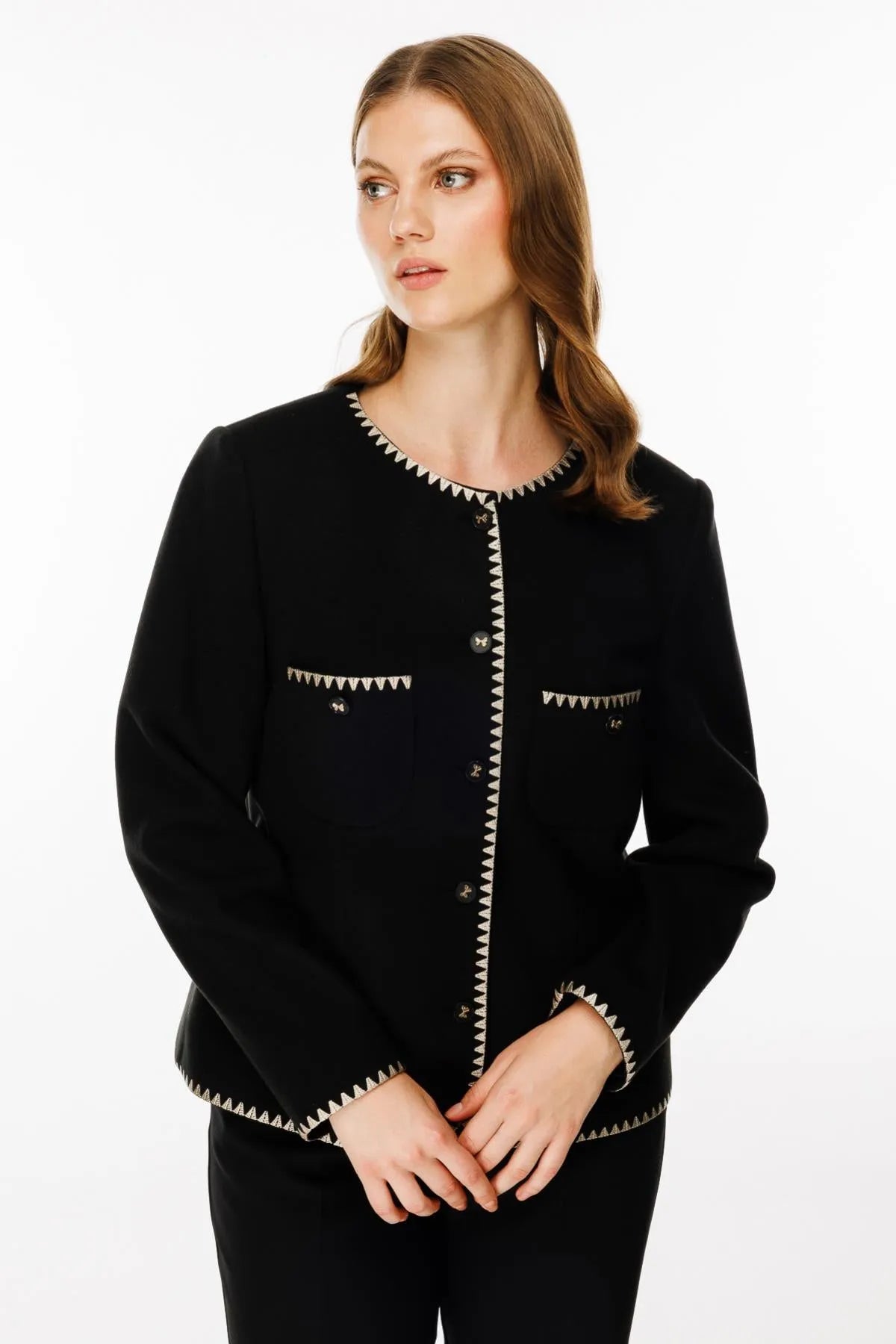 Pocket Detailed Piping Short Plus Size Jacket