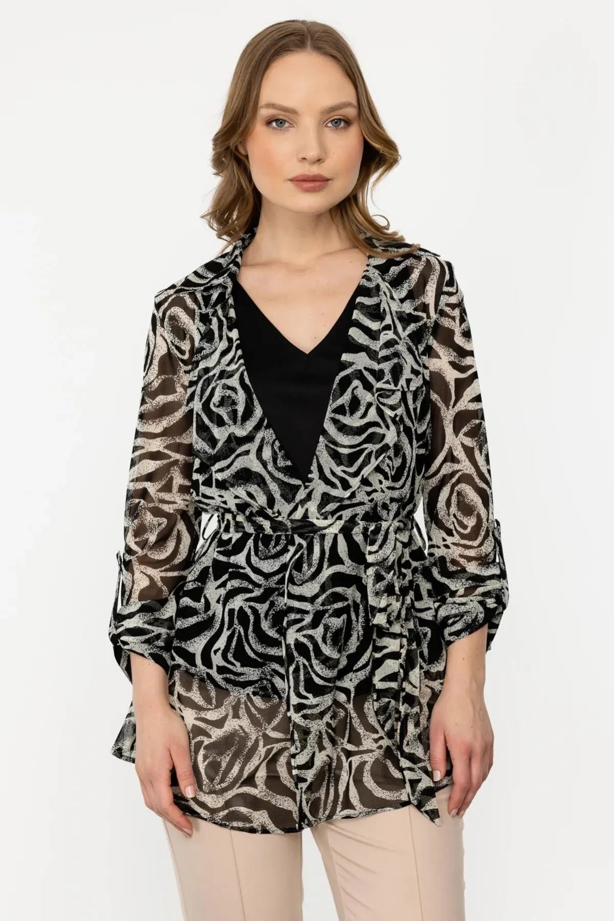 Patterned Tulle Jacket Double Set with Undershirt