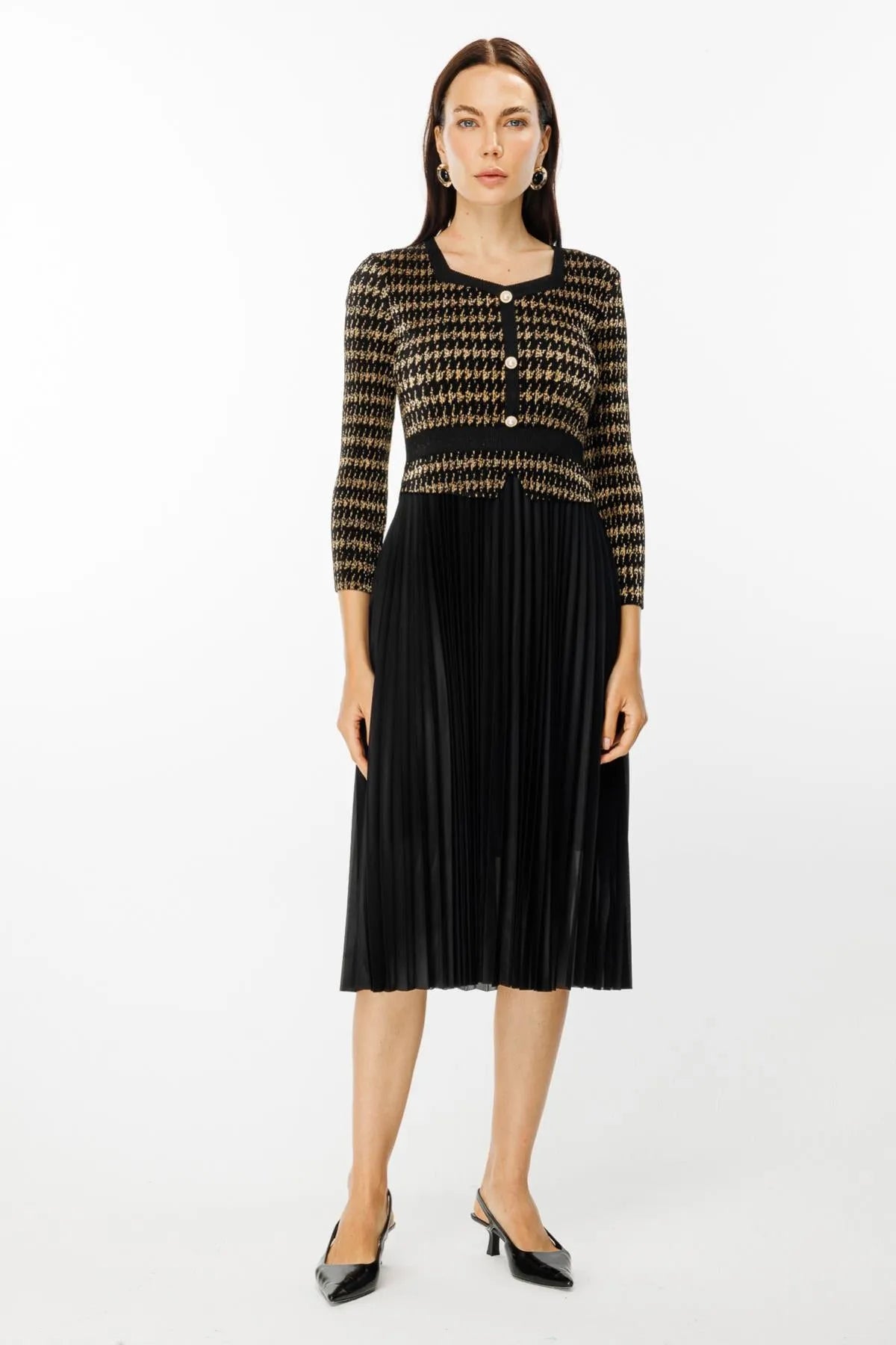 Three-Button Pleated Skirt Dress