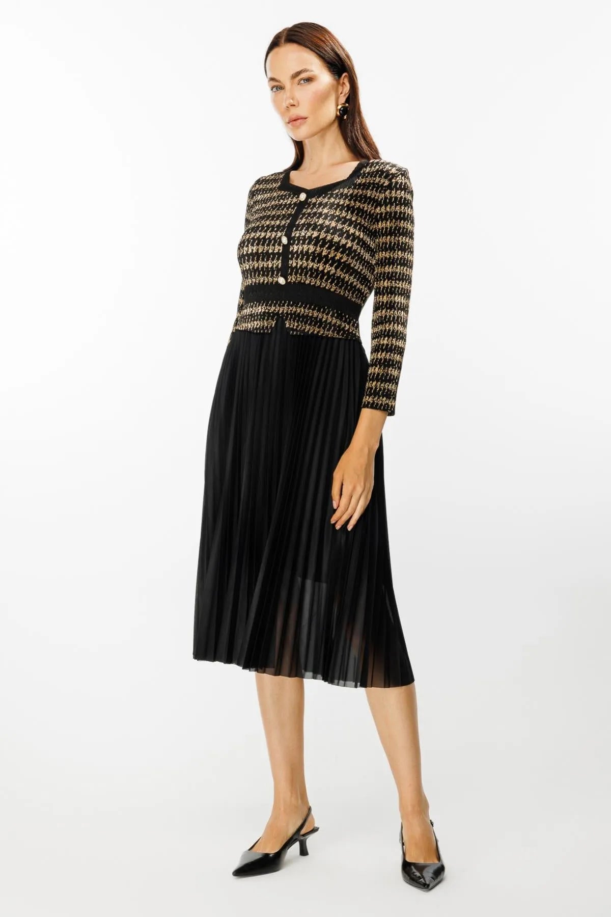 Three-Button Pleated Skirt Dress