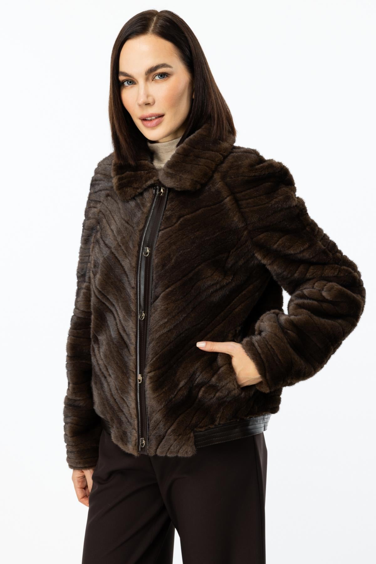 Leather Detailed Snap Plush Coat