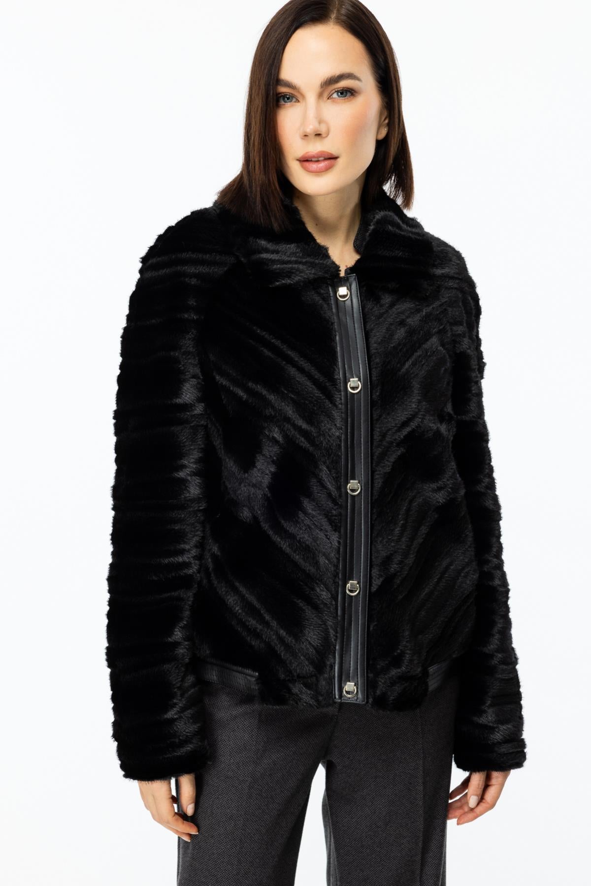 Leather Detailed Snap Plush Coat