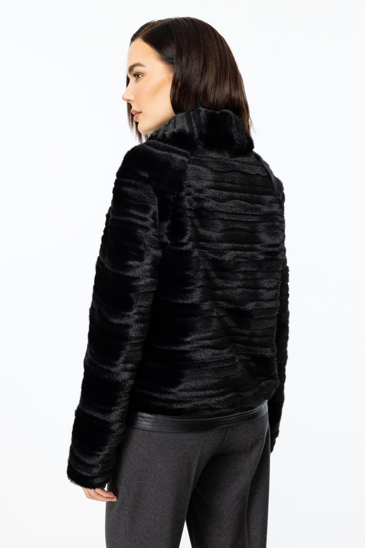 Leather Detailed Snap Plush Coat