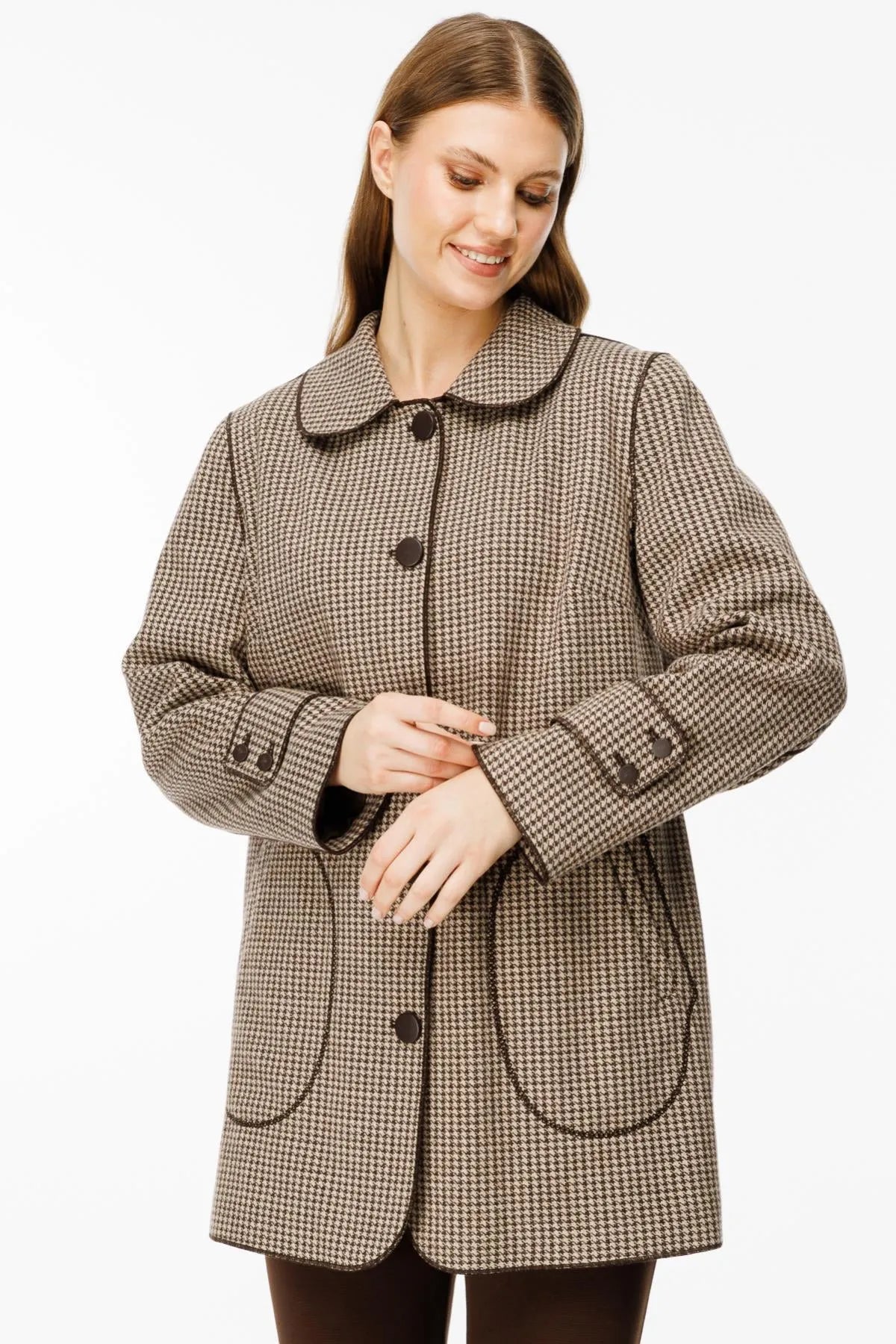 Houndstooth Patterned Baby Collar Plus Size Coat